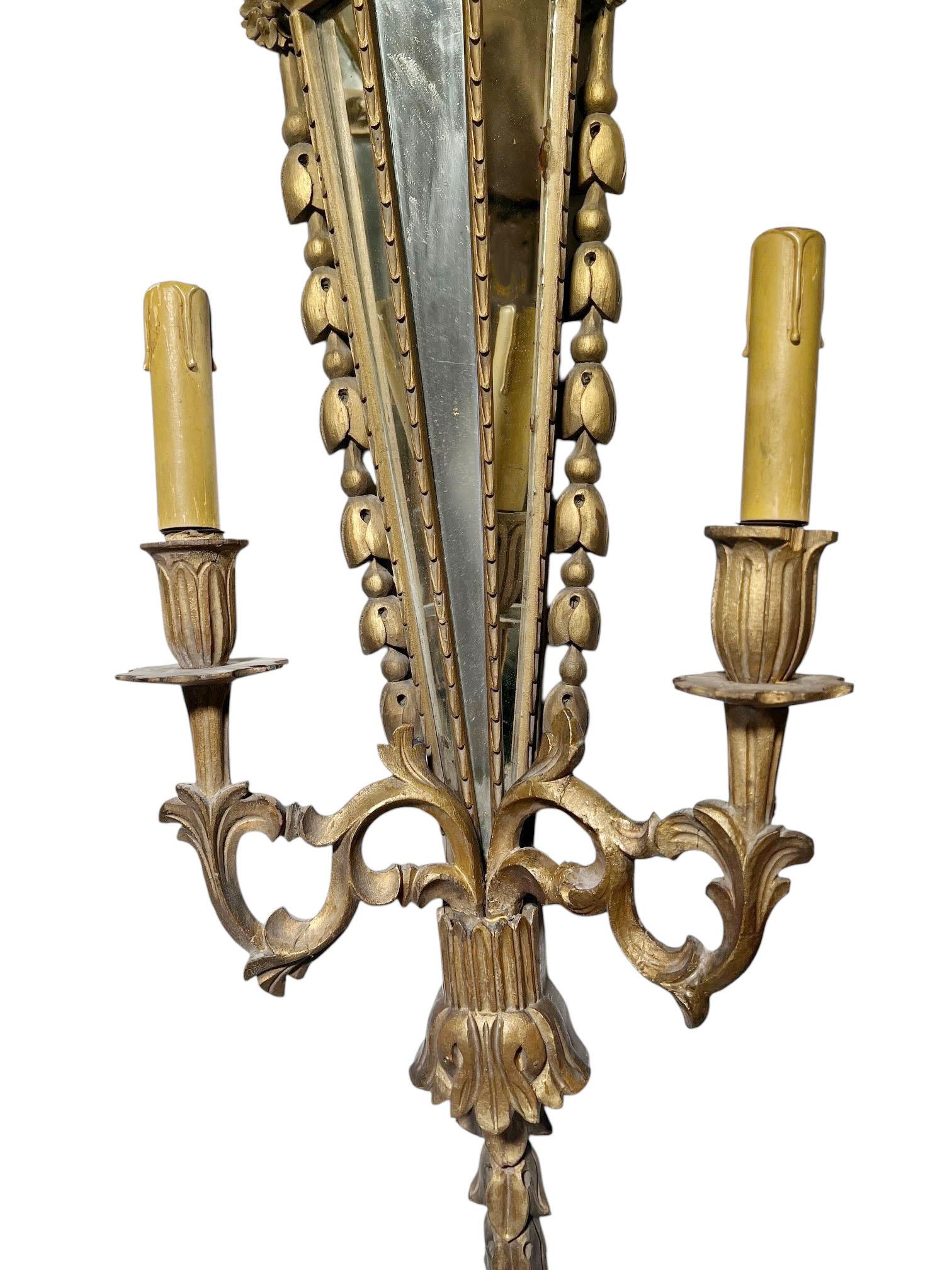 Italian Carved Wood Sconces With Inlaid Mirrors For Sale 4