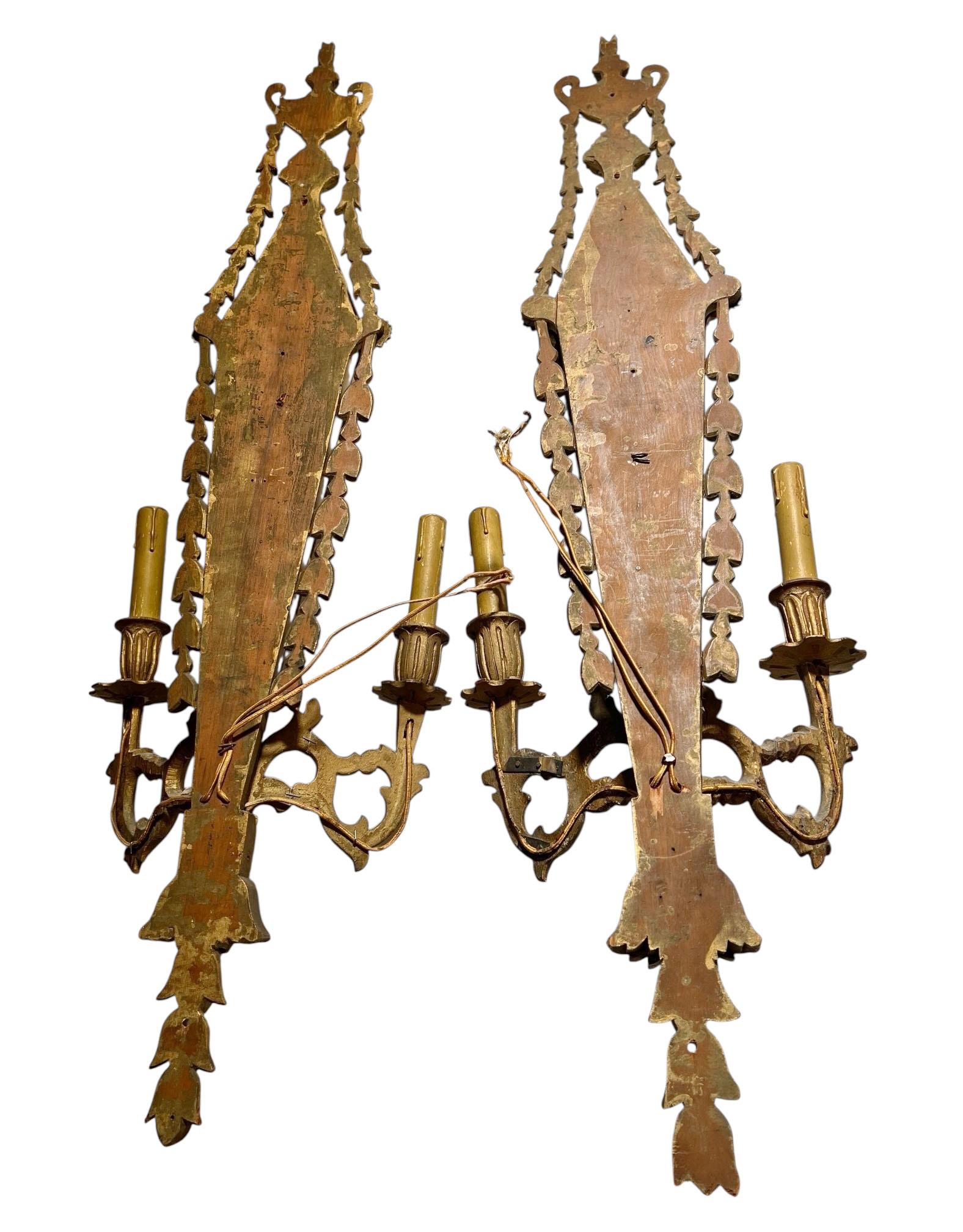 Italian Carved Wood Sconces With Inlaid Mirrors For Sale 5