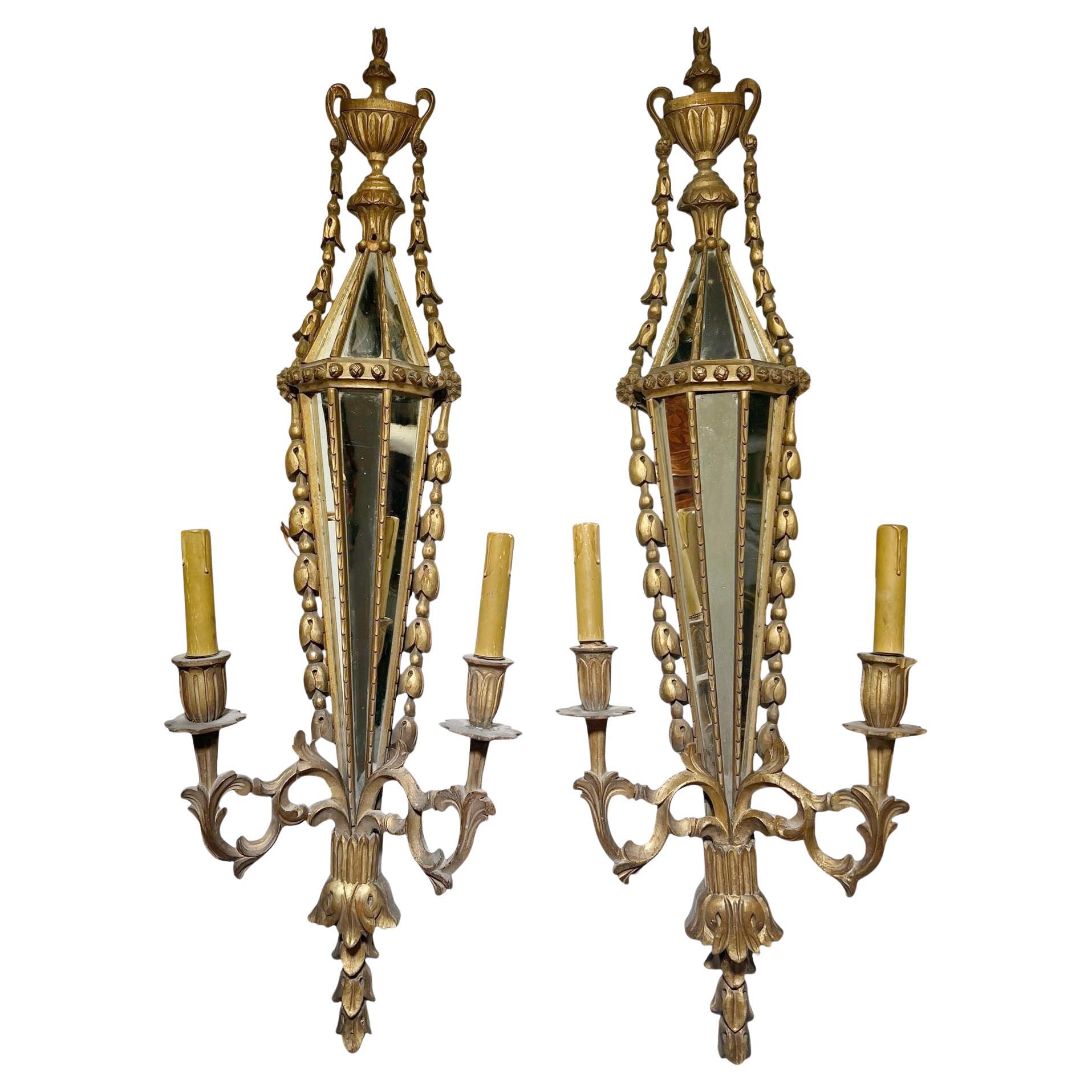 Italian Carved Wood Sconces With Inlaid Mirrors For Sale