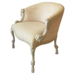 Italian Carved Wood Tassel Rope and Linen Upholstered Armchair