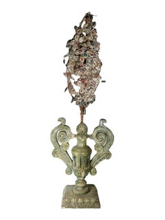Italian Carved Wood Urns With Handles And Faceted Cut Crystal Flowers