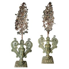 Italian Carved Wood Urns With Handles And Faceted Cut Crystal Flowers