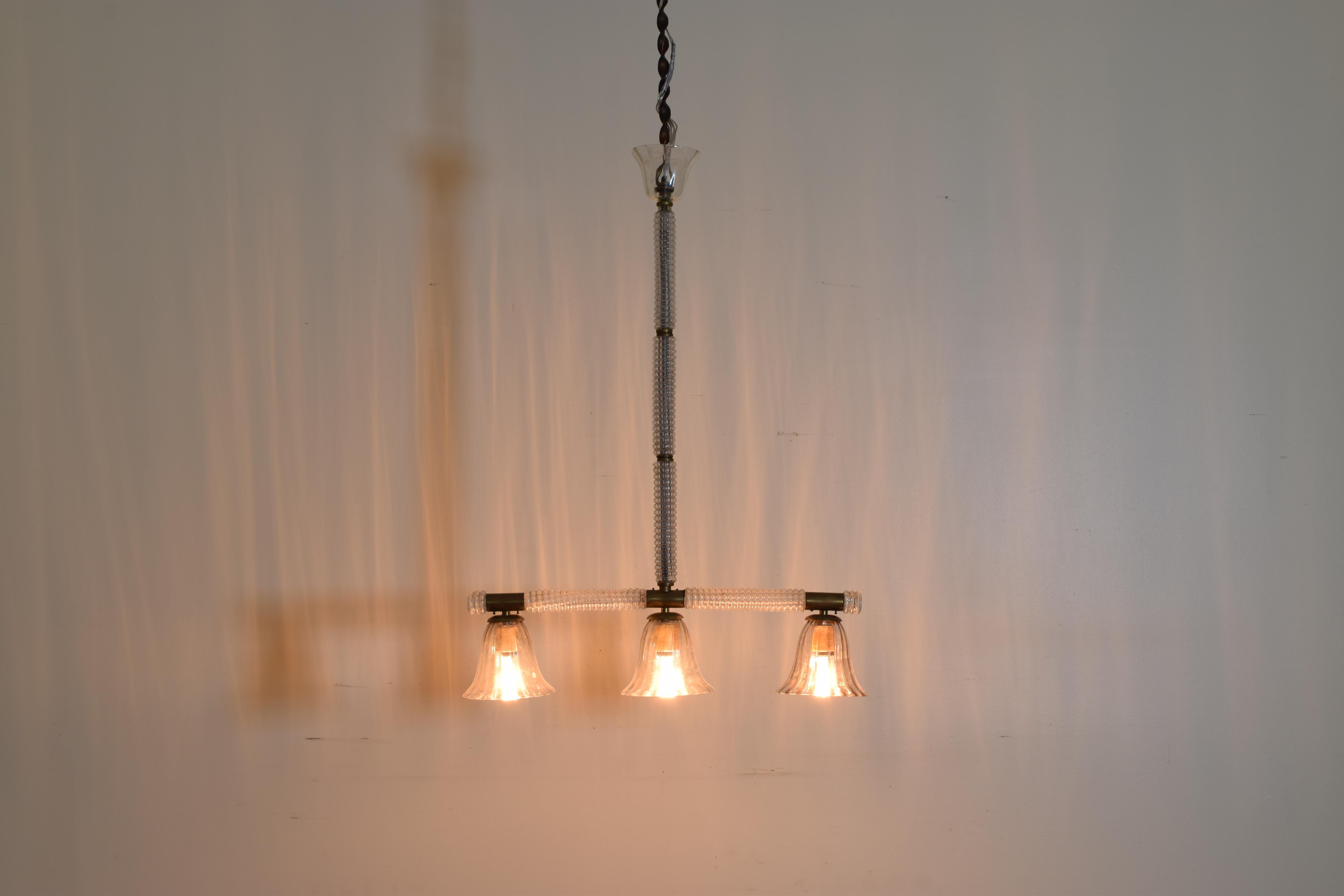 Mid-Century Modern Italian Cast and Blown Glass 3-Light Chandelier, Mid-20th Century, UL Wired