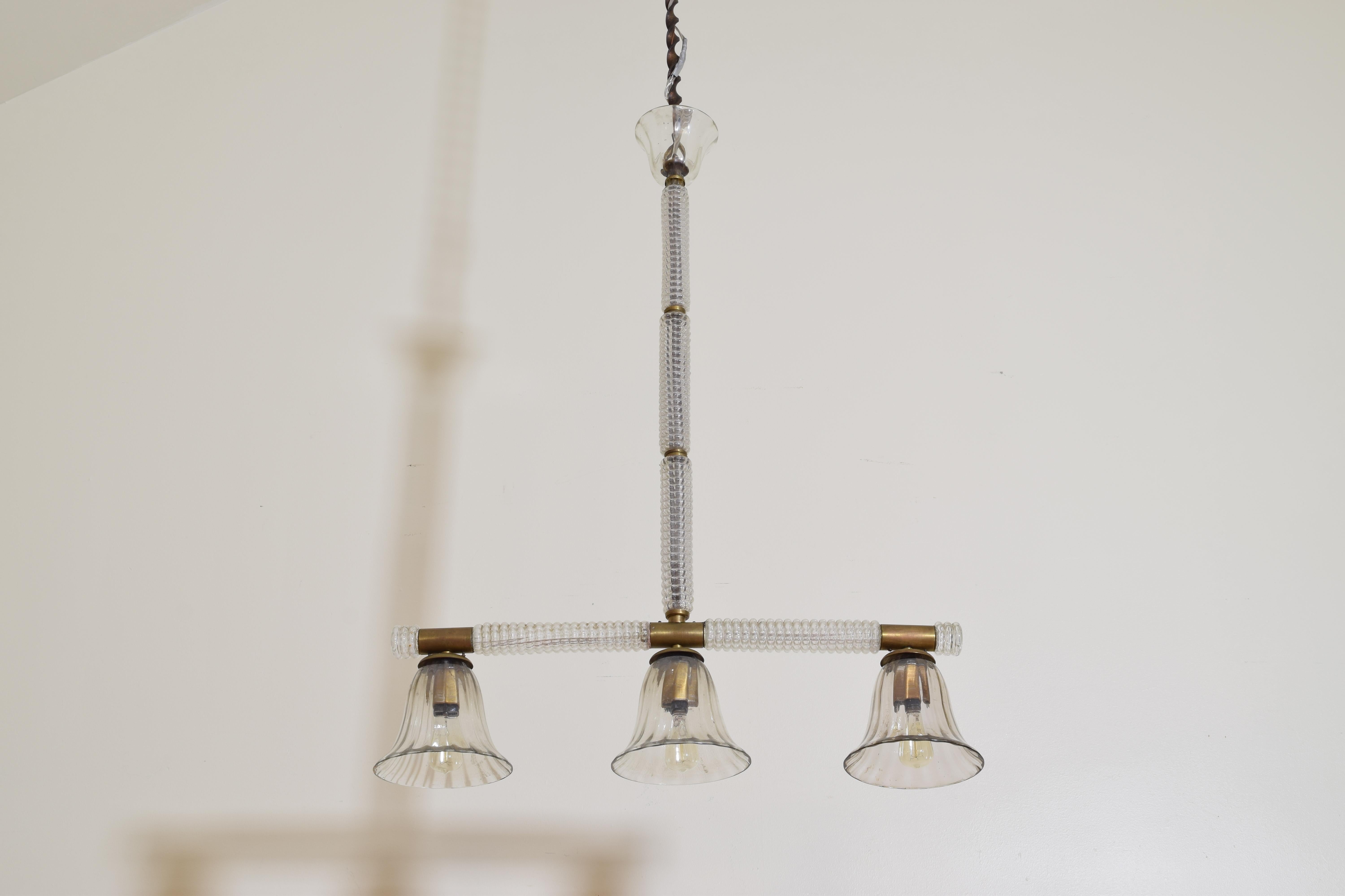 Brass Italian Cast and Blown Glass 3-Light Chandelier, Mid-20th Century, UL Wired