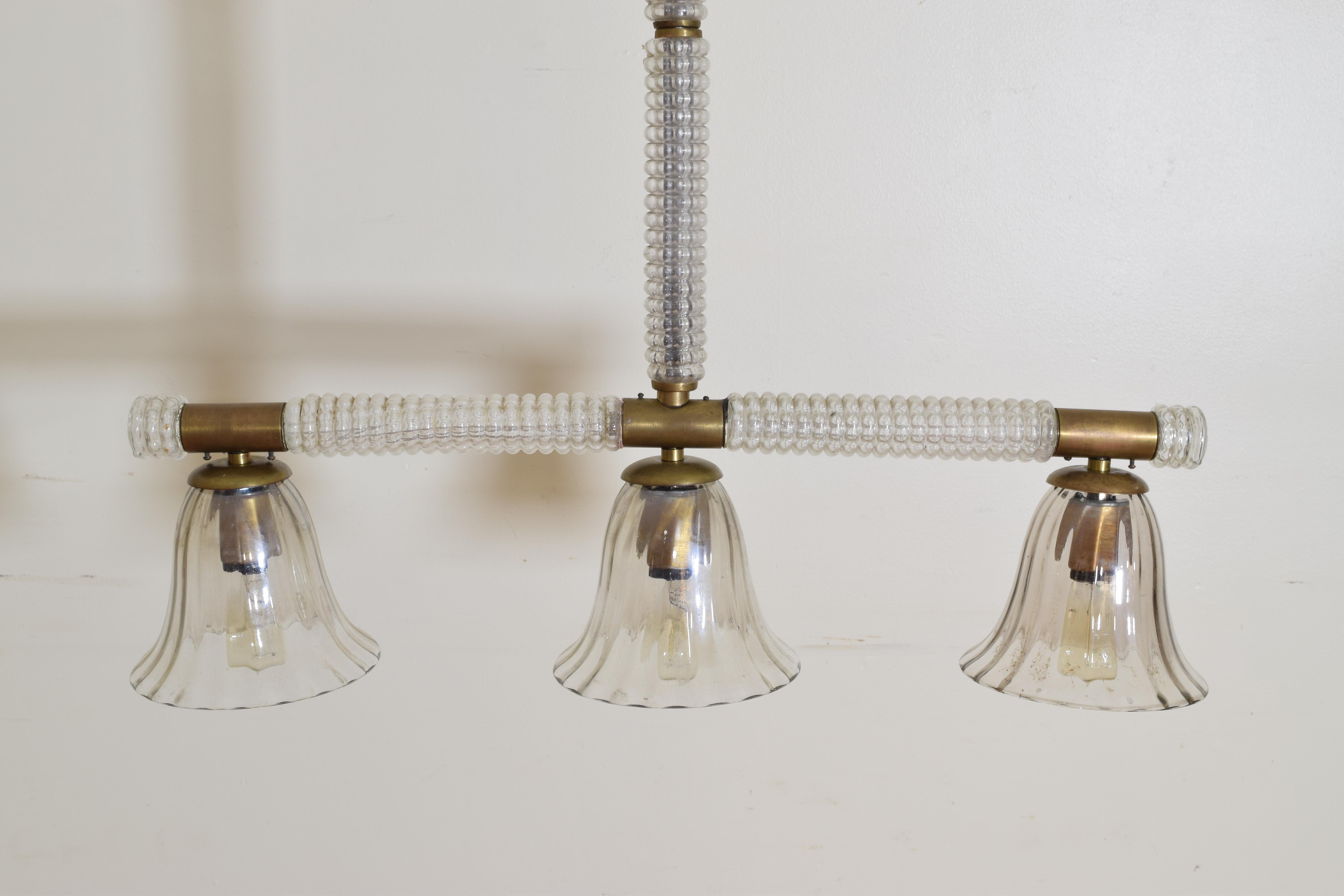 Italian Cast and Blown Glass 3-Light Chandelier, Mid-20th Century, UL Wired 2
