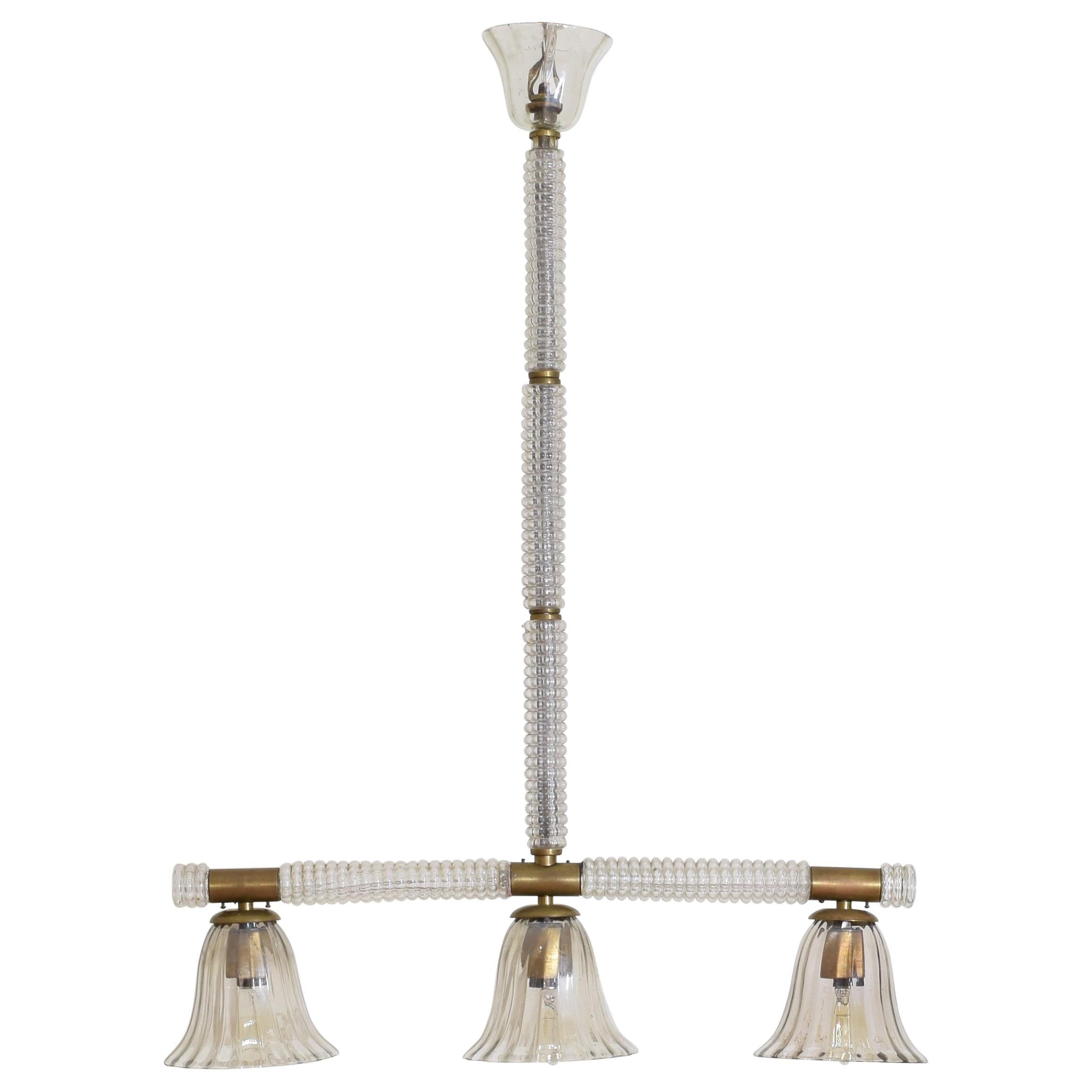 Italian Cast and Blown Glass 3-Light Chandelier, Mid-20th Century, UL Wired