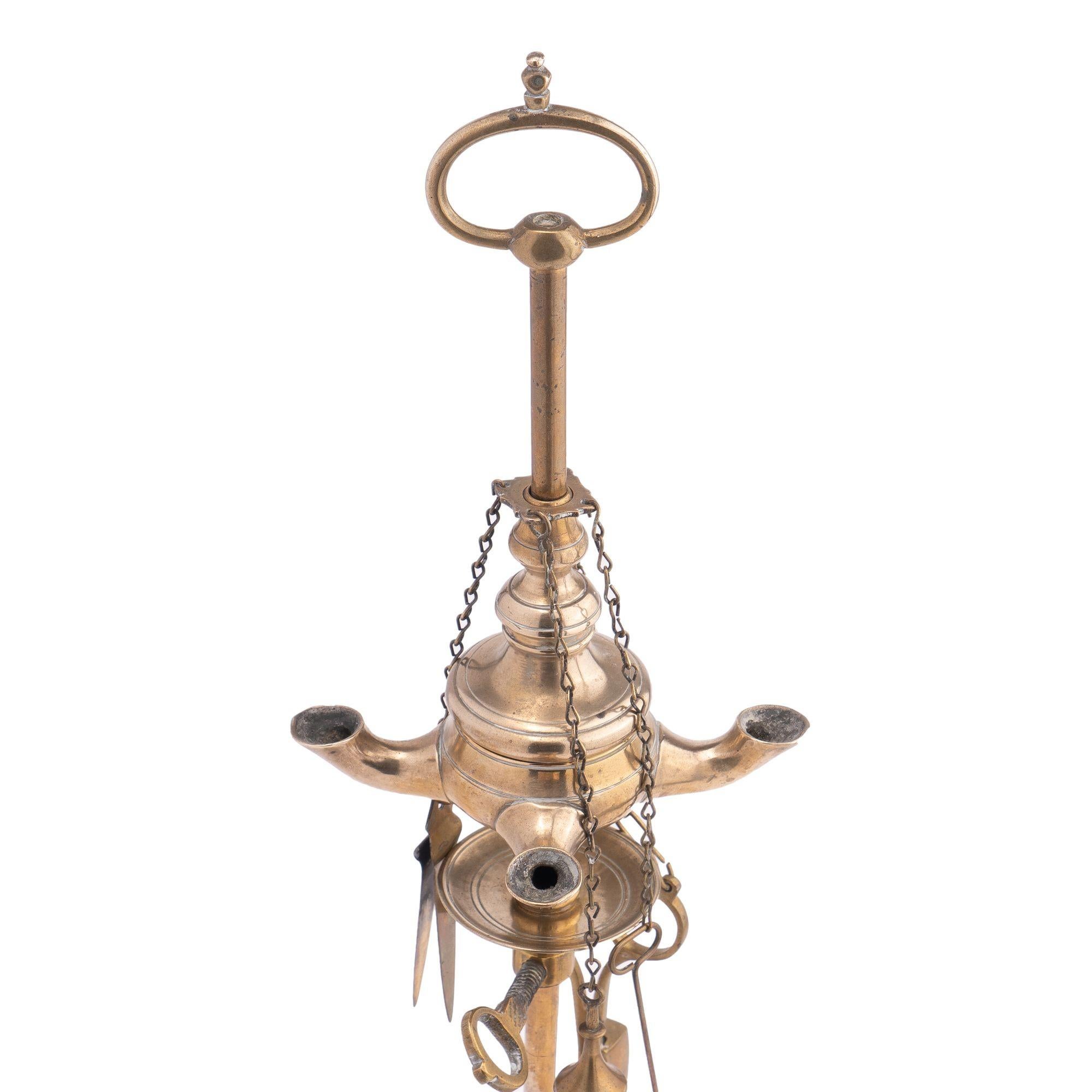 Italian Cast Brass Four Burner Lucerne Oil Lamp '1810' In Good Condition For Sale In Kenilworth, IL