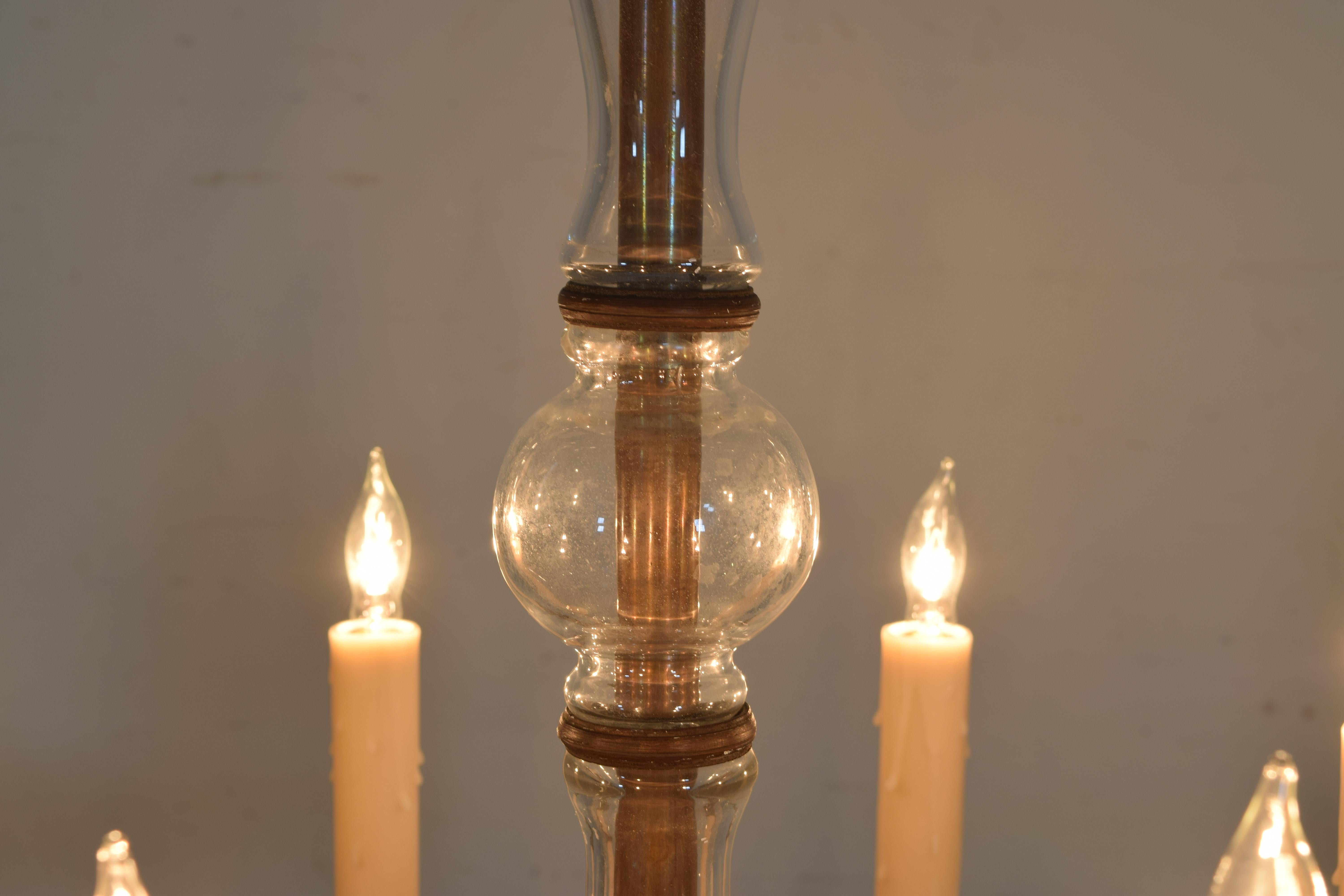 Italian Cast Bronze and Blown Glass Eight-Light Chandelier, UL Wired In Good Condition In Atlanta, GA