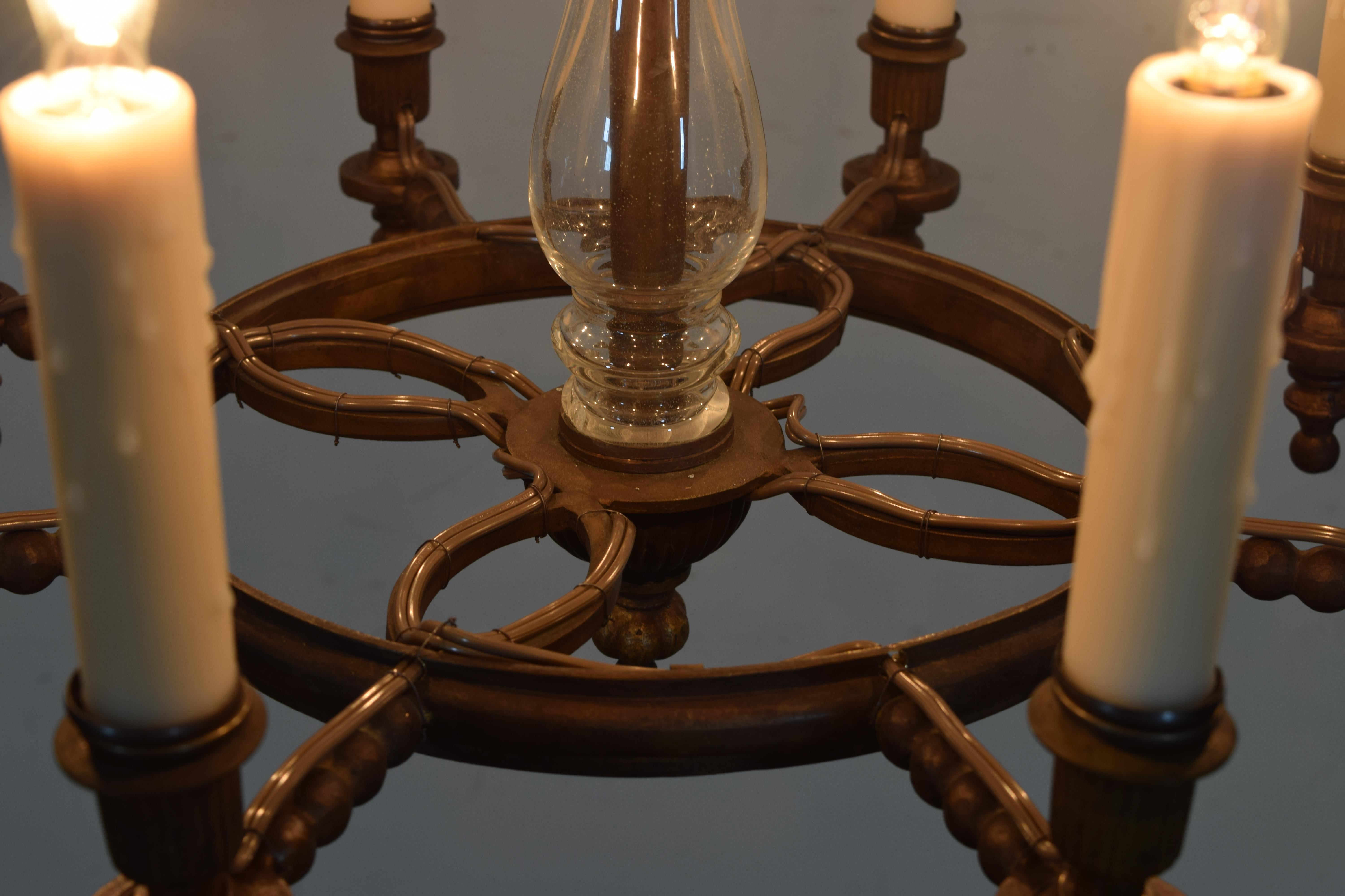Mid-20th Century Italian Cast Bronze and Blown Glass Eight-Light Chandelier, UL Wired