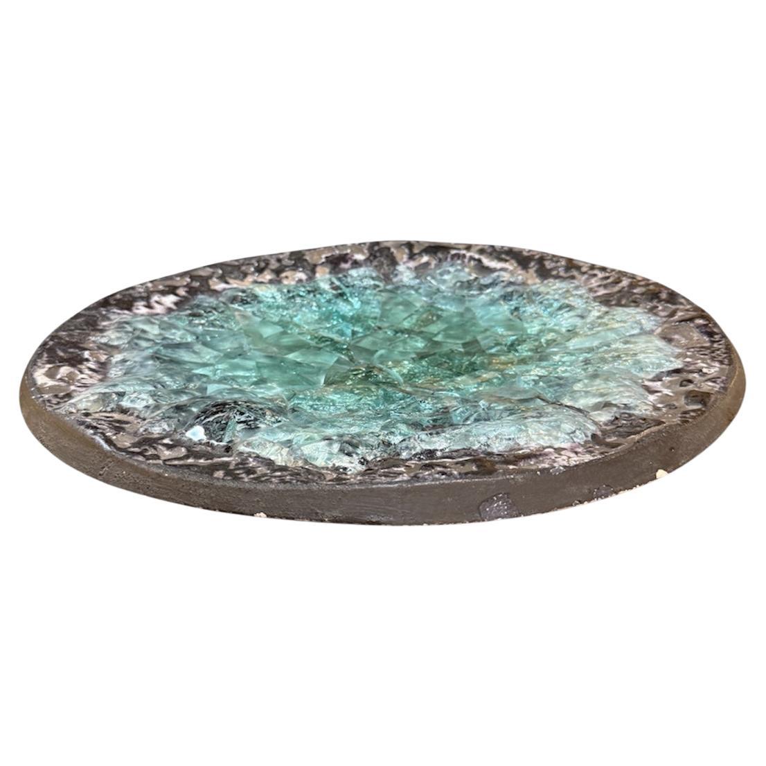 Italian Cast Glass and Textured Metal Centerpiece Bowl, 1970s im Angebot