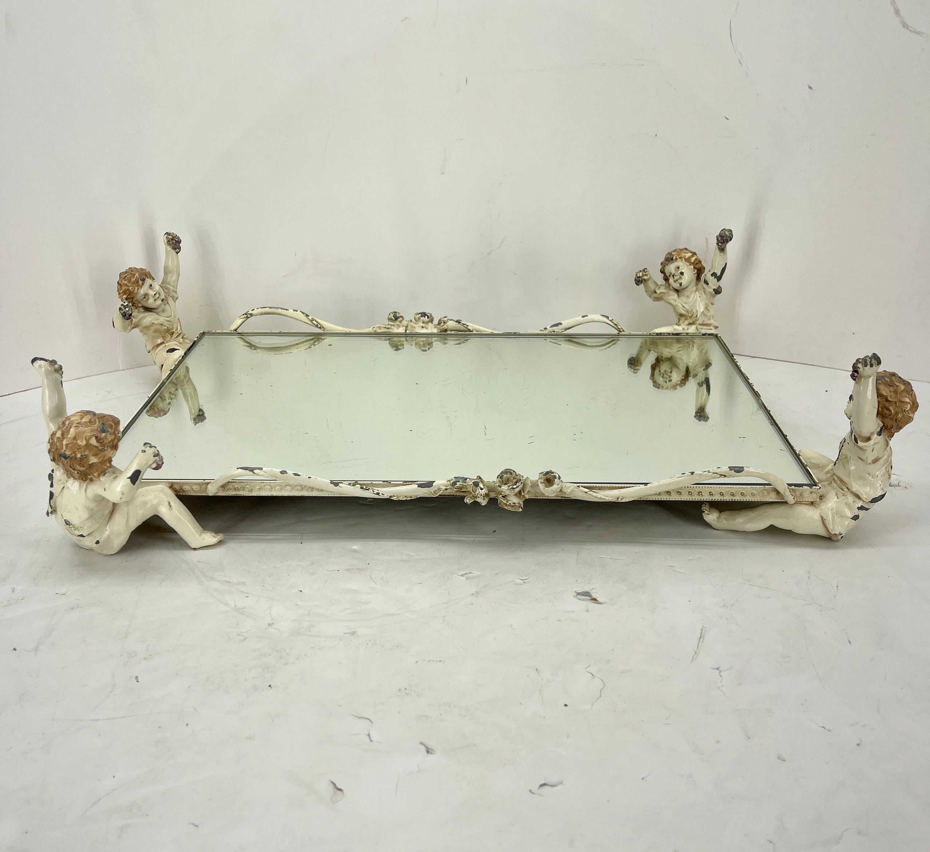 Hand-Crafted Italian Cast Iron Mirrored Cherub Tray and Centerpiece, 1920s For Sale