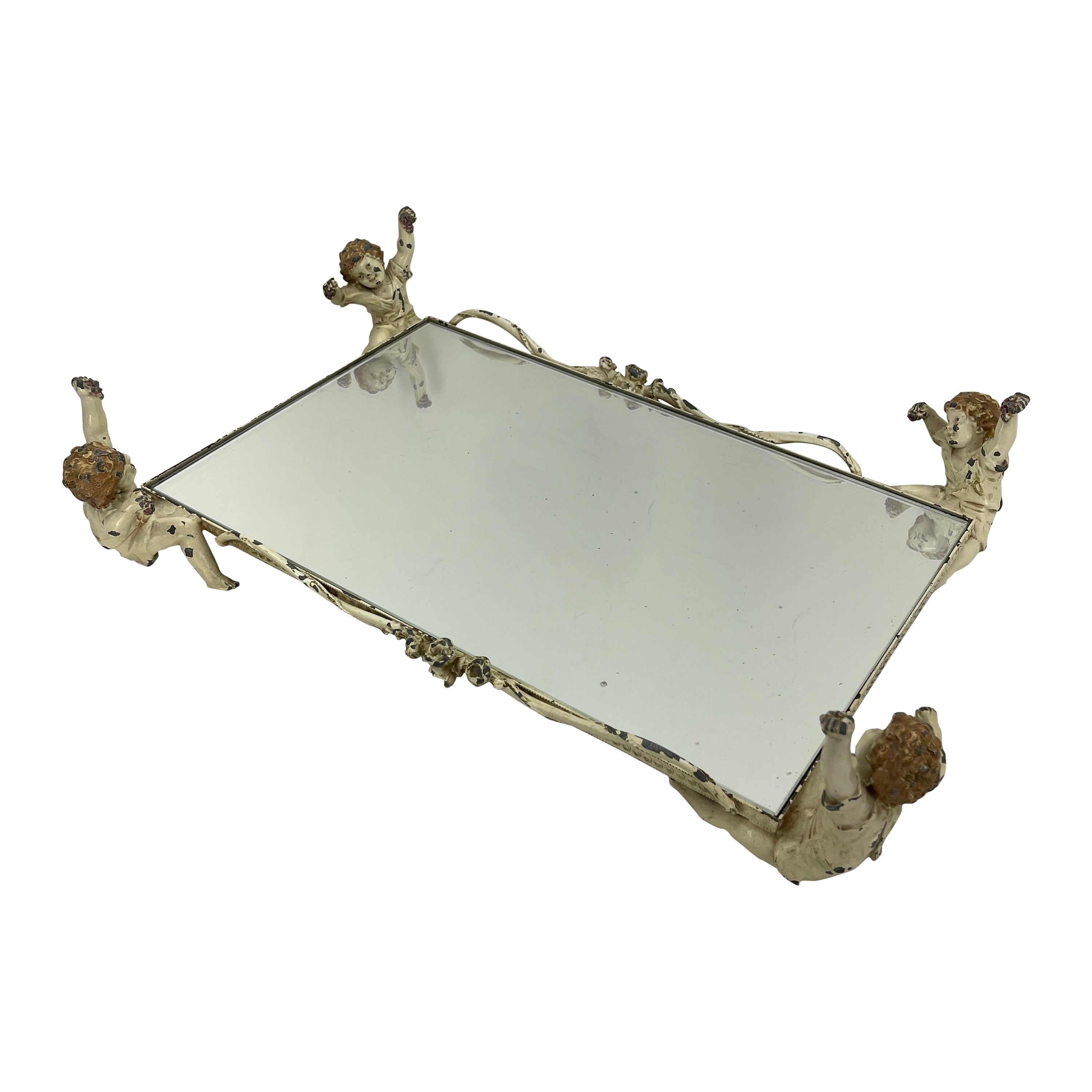 Italian Cast Iron Mirrored Cherub Tray and Centerpiece, 1920s