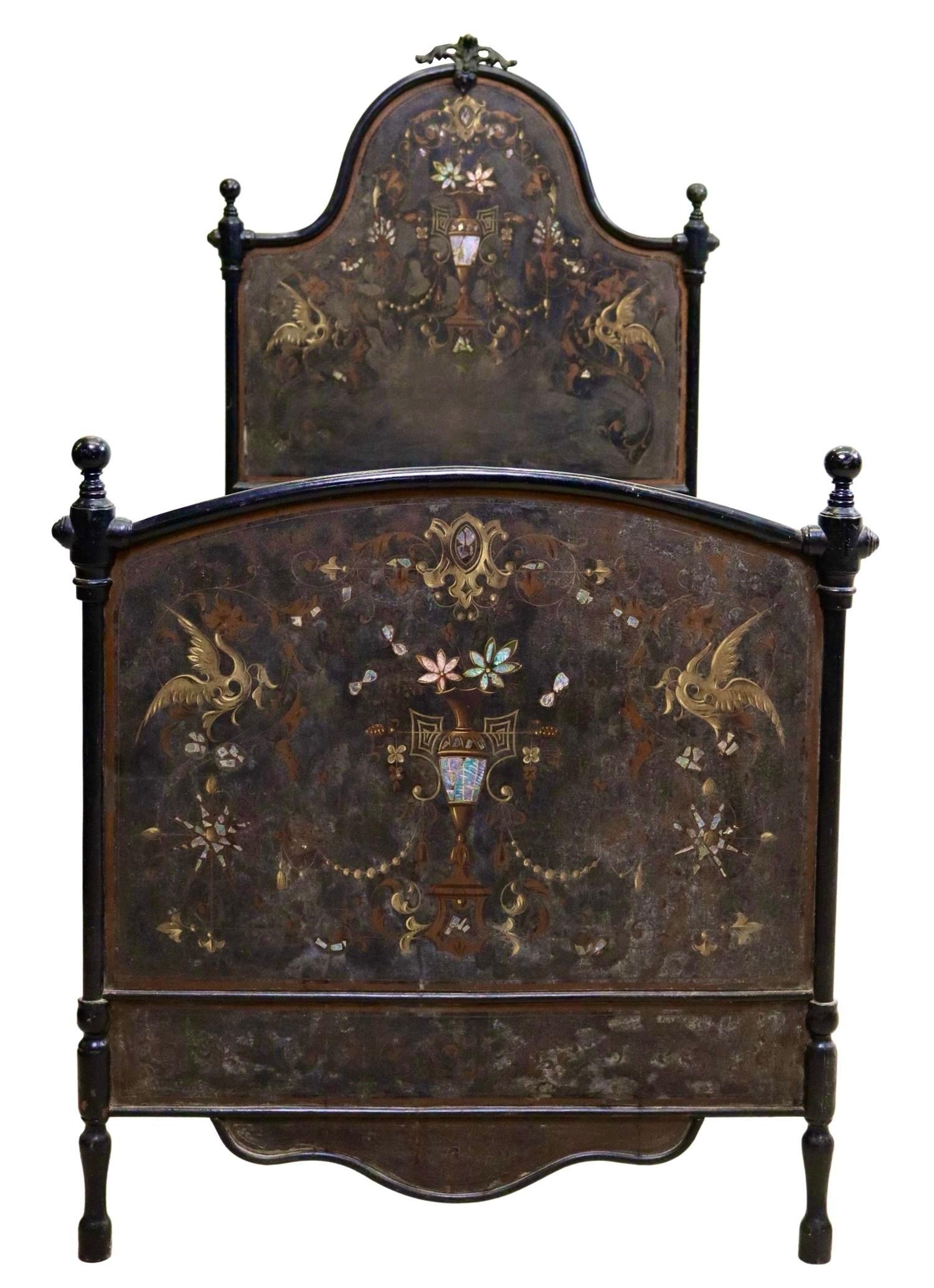 A one of a kind Italian cast iron and tole hand- painted bed from the 19th century, with applied mother-of-pearl accents, 
Tole painting is a meticulously decorative painting on objects and furniture, with a long history all over Europe specially