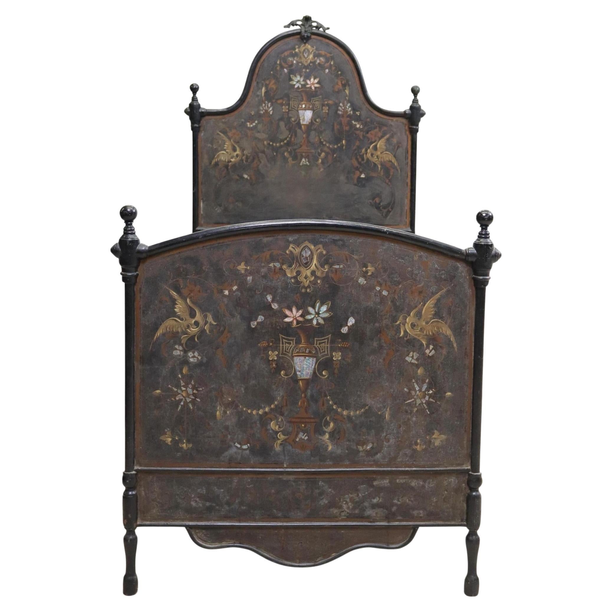 Italian Cast Iron & Tole Hand-Painted Bed with Mother of Pear Accents 19th C. In Good Condition In Bonita Springs, FL