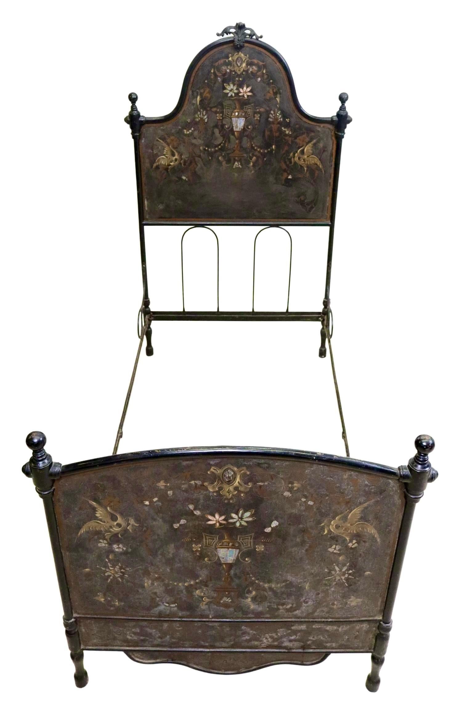 19th Century Italian Cast Iron & Tole Hand-Painted Bed with Mother of Pear Accents 19th C.