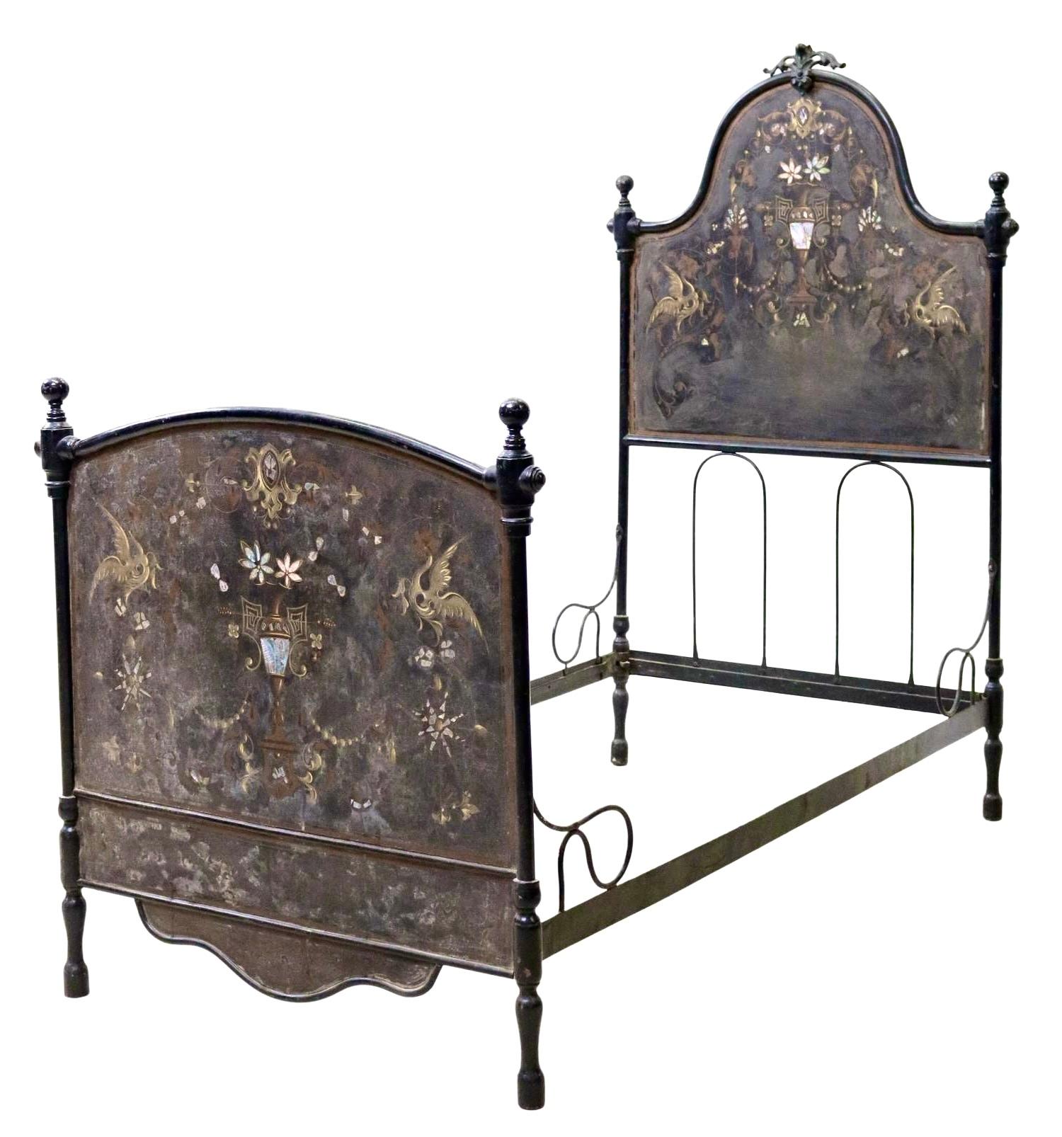 Italian Cast Iron & Tole Hand-Painted Bed with Mother of Pear Accents 19th C. For Sale 1