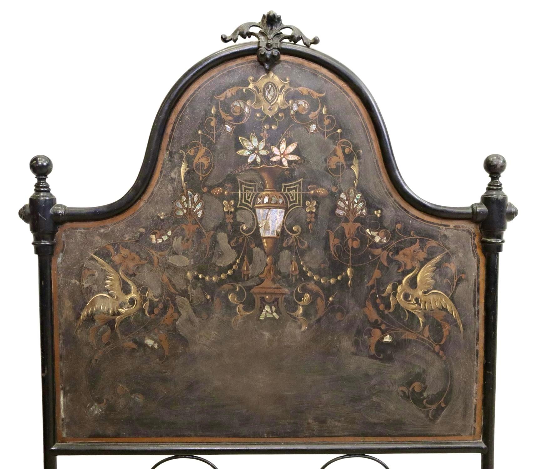 Italian Cast Iron & Tole Hand-Painted Bed with Mother of Pear Accents 19th C. For Sale 2