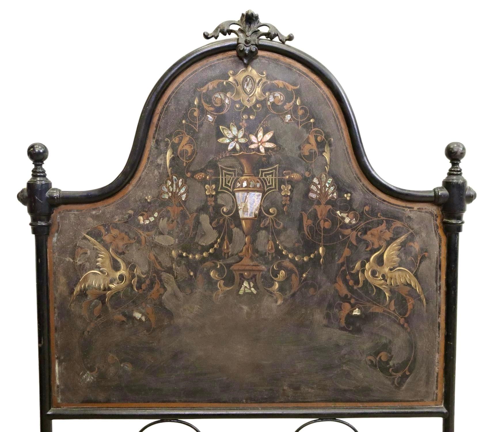 Italian Cast Iron & Tole Hand-Painted Bed with Mother of Pear Accents 19th C. 2