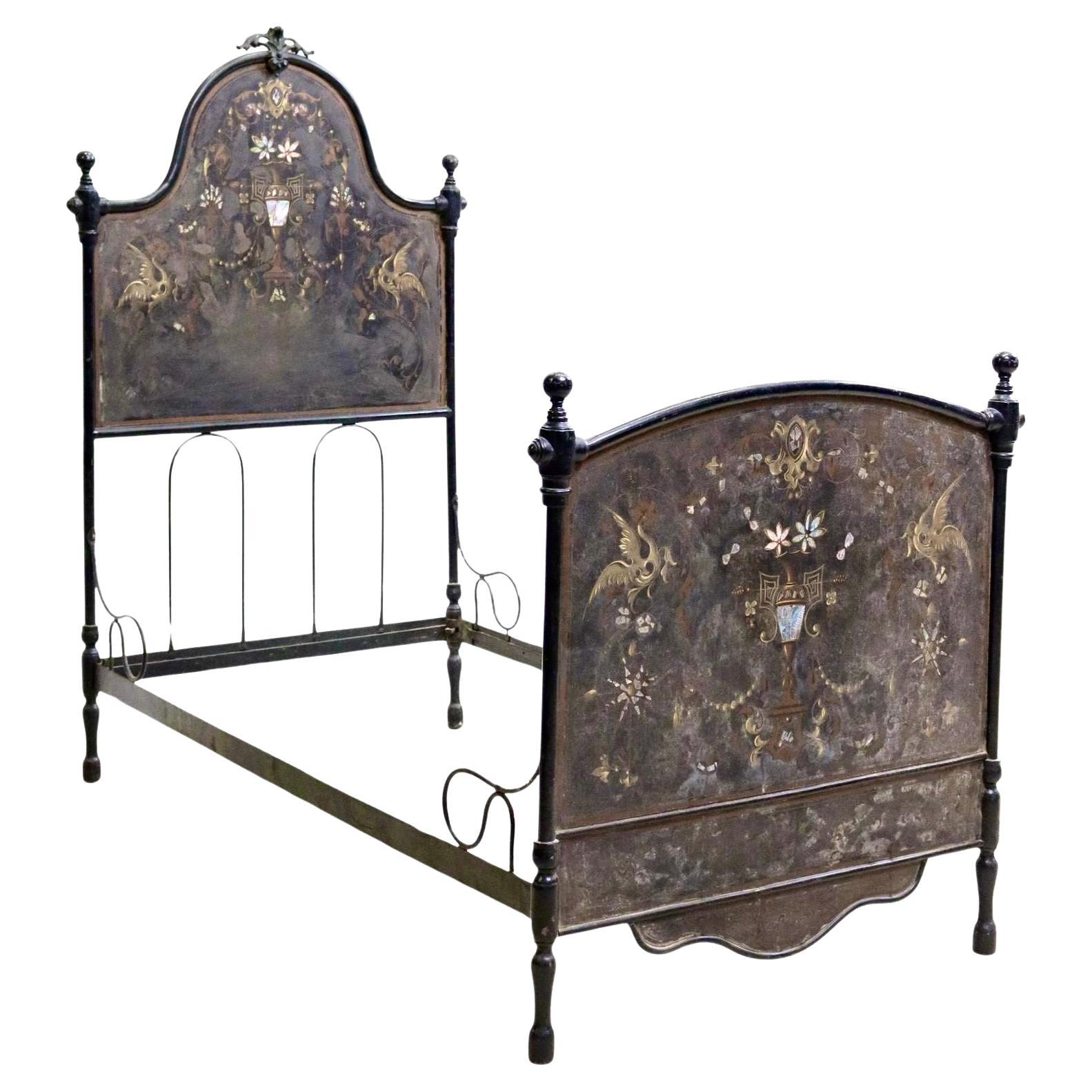 Italian Cast Iron & Tole Hand-Painted Bed with Mother of Pear Accents 19th C. For Sale