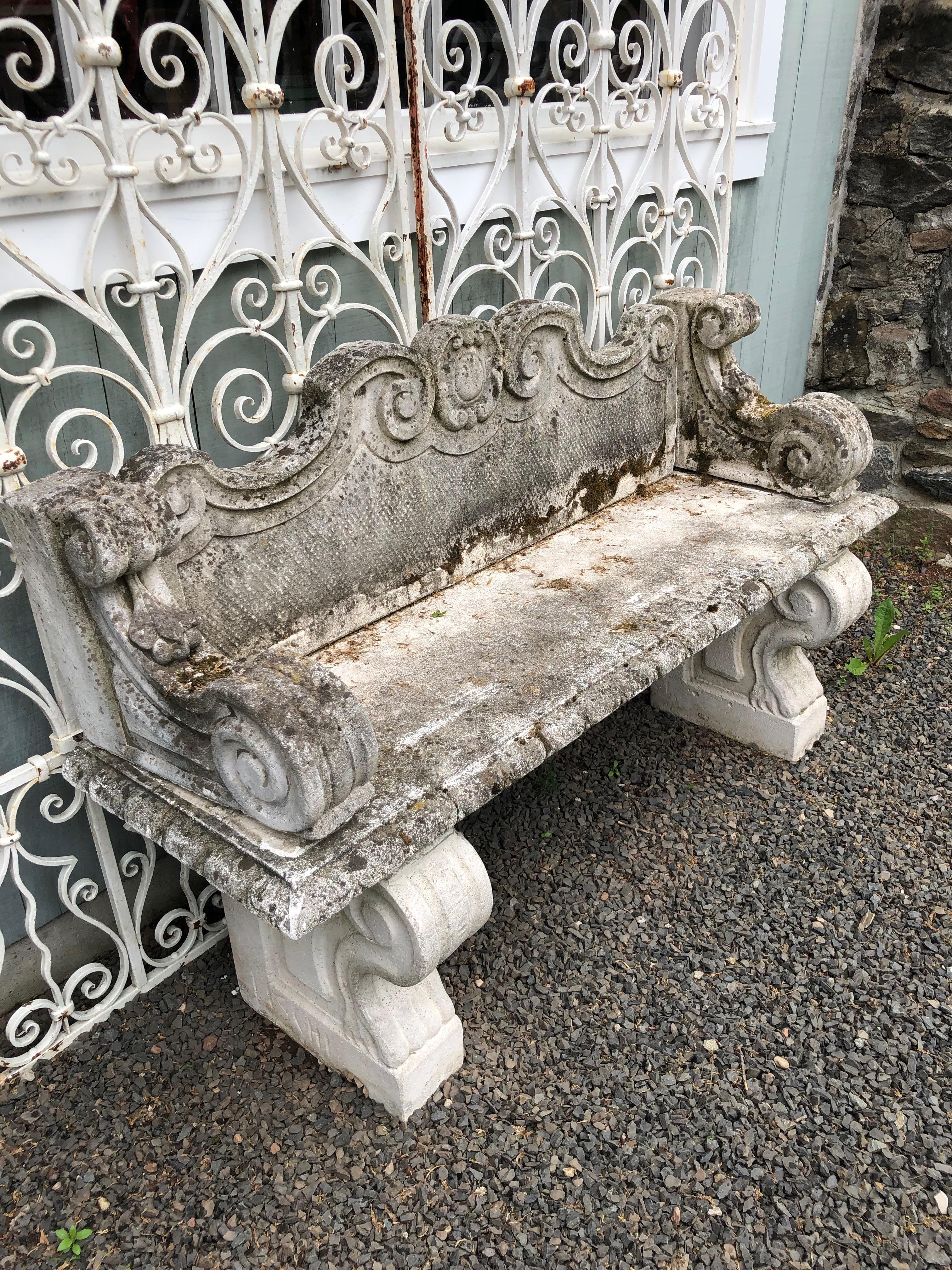 It’s rare we buy Rococo pieces, but this one was too pretty to resist. Made of cast marble, and with a beautiful weathered and mossy patina, it comes in six pieces for easy transport. Once sited, you will need to mortar the arms and back in place.