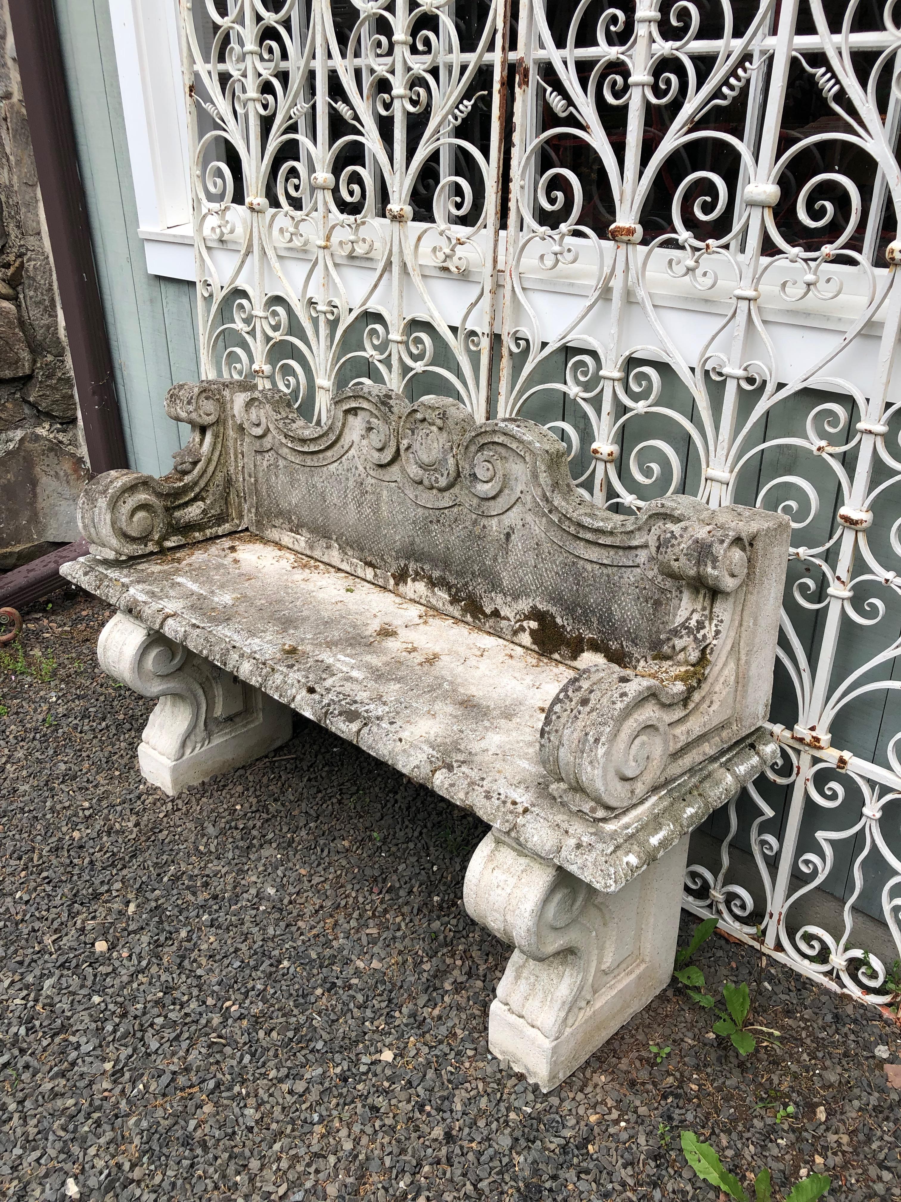 Italian Cast Marble Rococo High-Backed Bench with Arms In Good Condition In Woodbury, CT