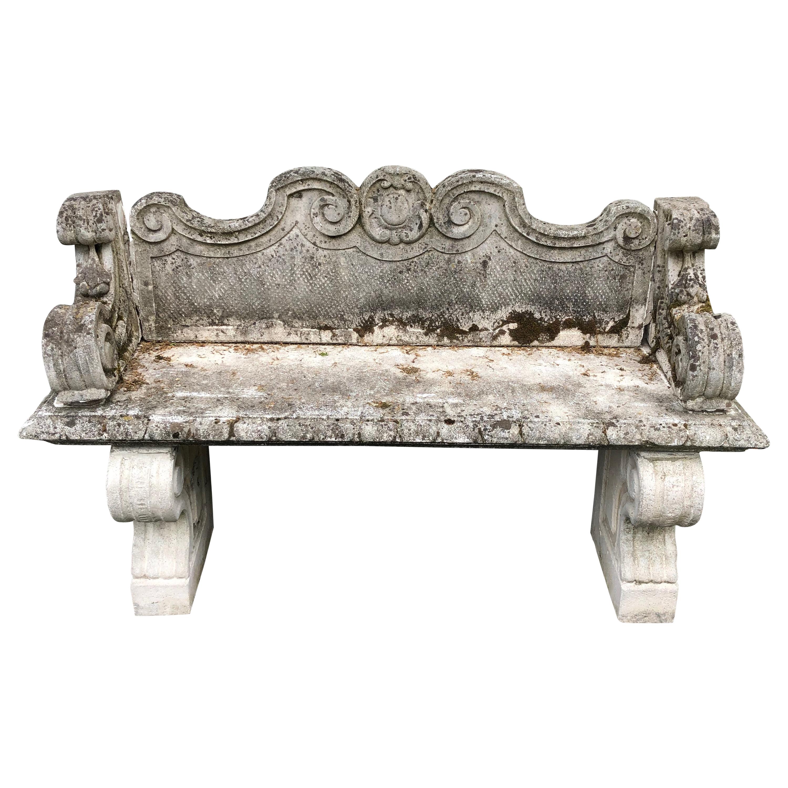 Italian Cast Marble Rococo High-Backed Bench with Arms