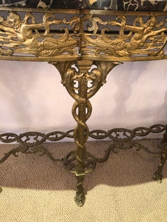 Italian Cast Relief Brass and Black Verdigris Marble Demilune Console