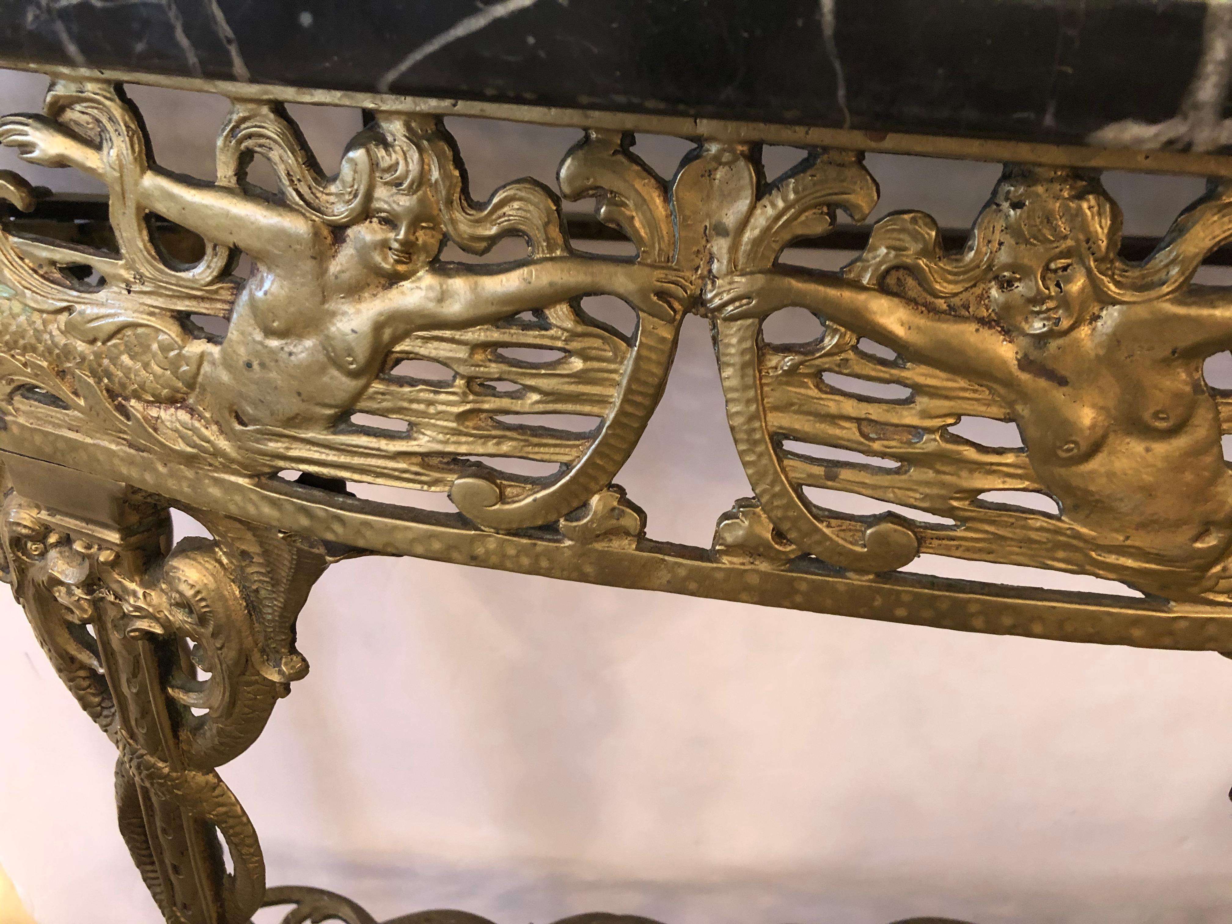 Rococo Italian Cast Relief Brass and Black Verdigris Marble Demilune Console
