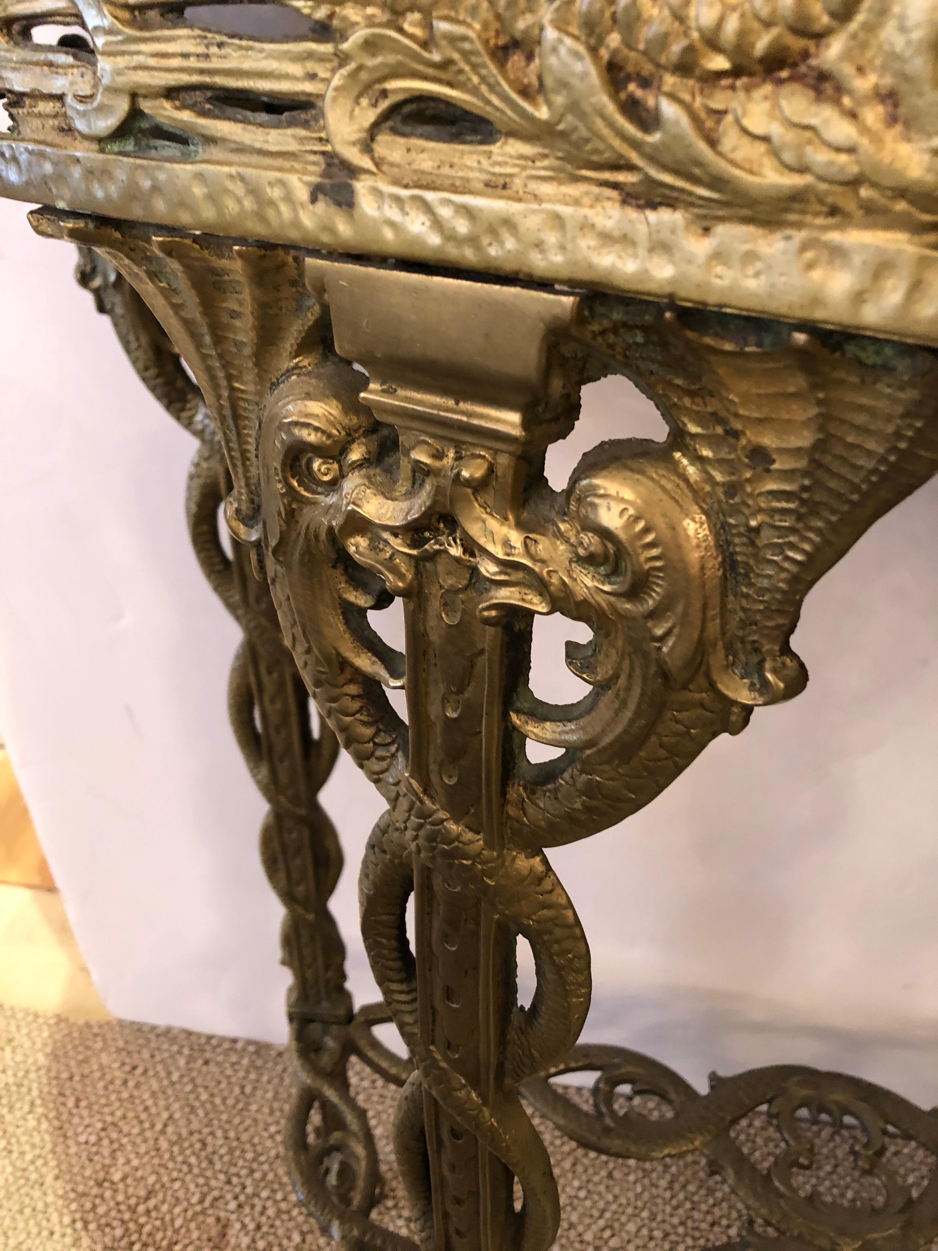 Italian Cast Relief Brass and Black Verdigris Marble Demilune Console 1