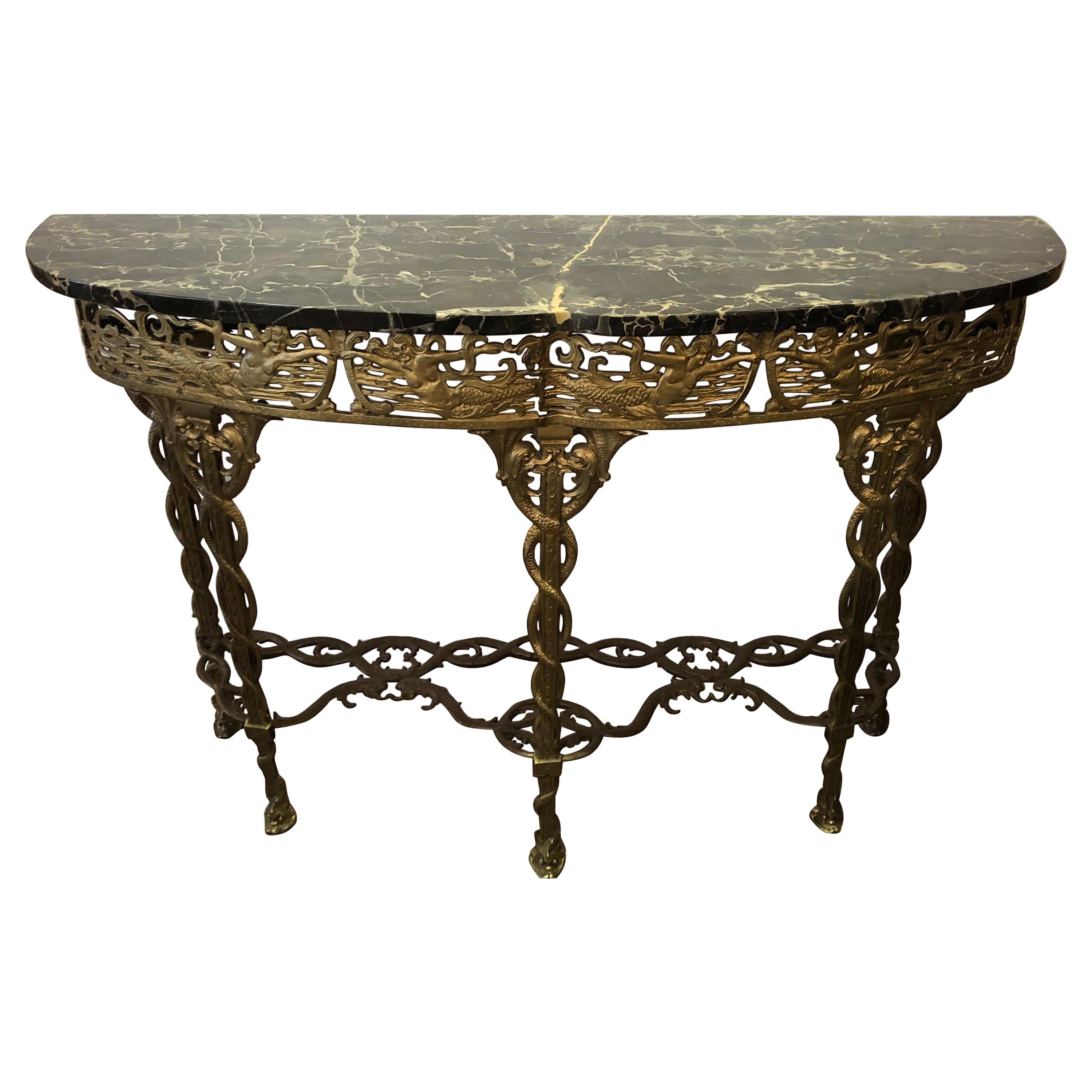 Italian Cast Relief Brass and Black Verdigris Marble Demilune Console