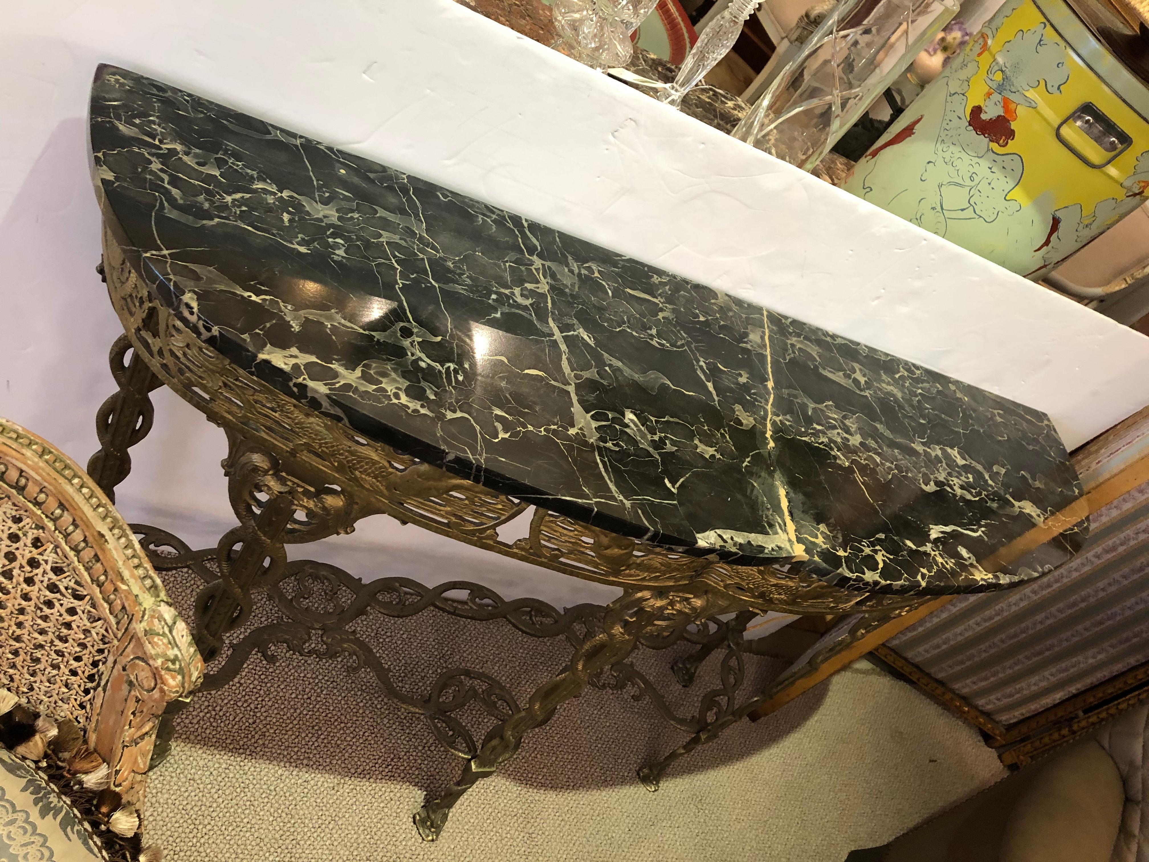Italian Cast Relief Brass and Black Verdigris Marble Demilune Console In Good Condition In Hopewell, NJ