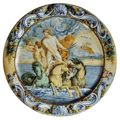 Assiette de présentation italienne Castelli Maiolica Istoriato de Poseidon-Neptune