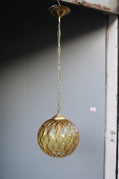 Italian Ceiling Ball Chandelier Venini Yellow Brass Chain, Italy, 1950s