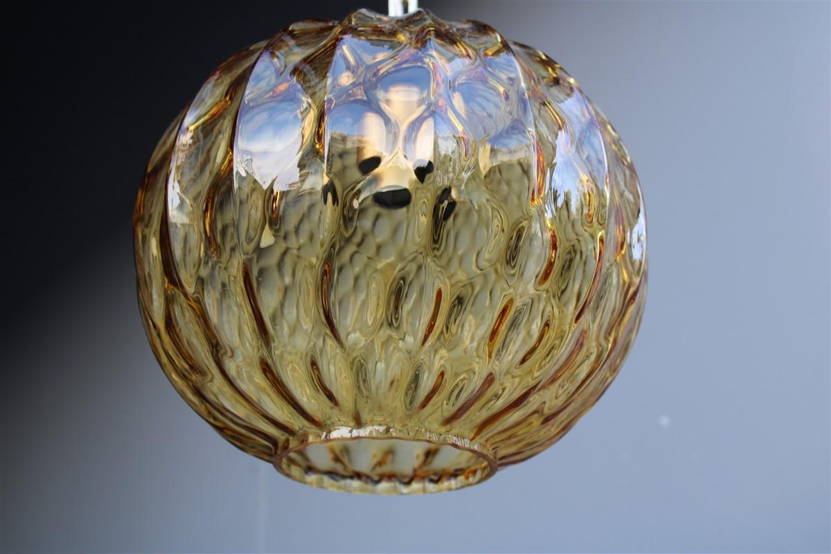 Mid-20th Century Italian Ceiling Ball Chandelier Venini Yellow Brass Chain, Italy, 1950s  For Sale