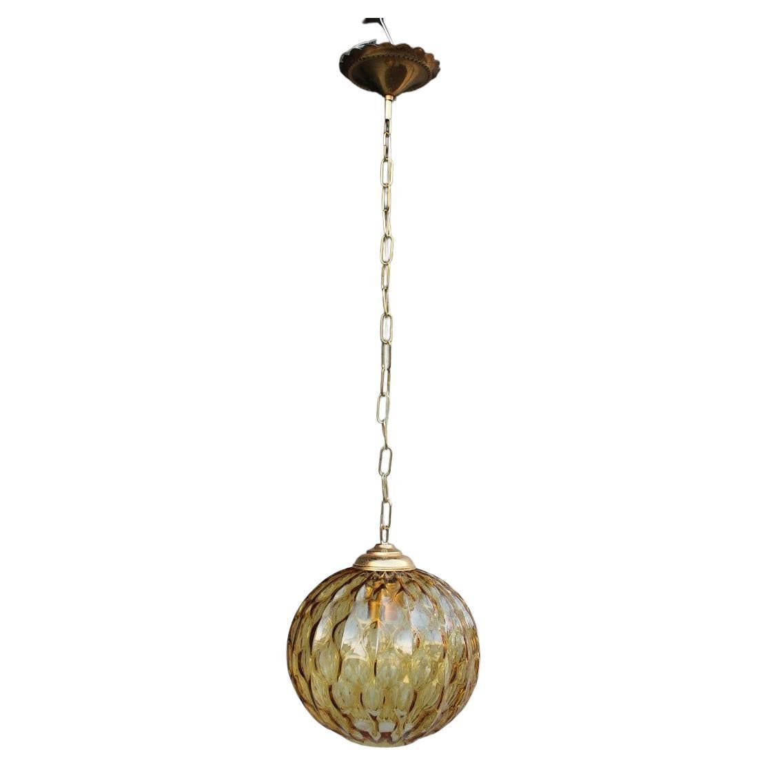 Italian Ceiling Ball Chandelier Venini Yellow Brass Chain, Italy, 1950s  For Sale