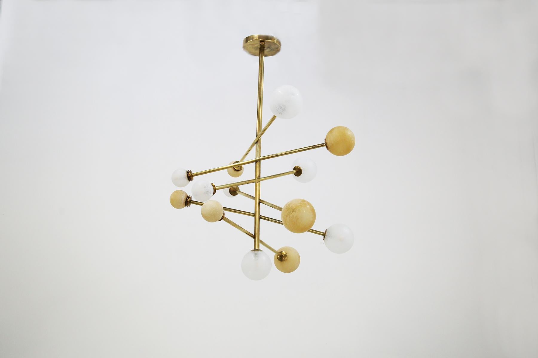 Modern Italian Ceiling Chandelier in Glass and Brass Contemporary For Sale