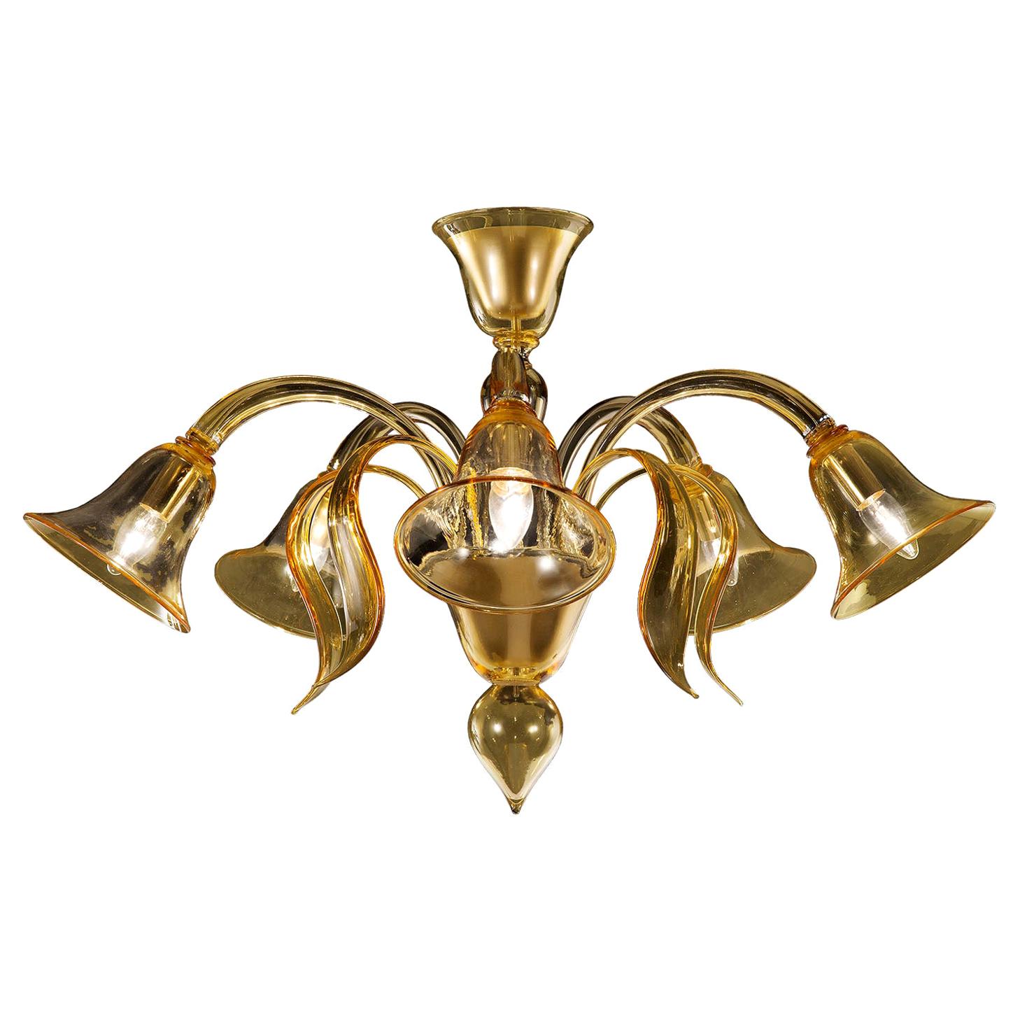 Italian Ceiling Lamp 5 Arms Amber Murano Glass by Multiforme For Sale