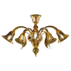 Italian Ceiling Lamp 5 Arms Amber Murano Glass by Multiforme