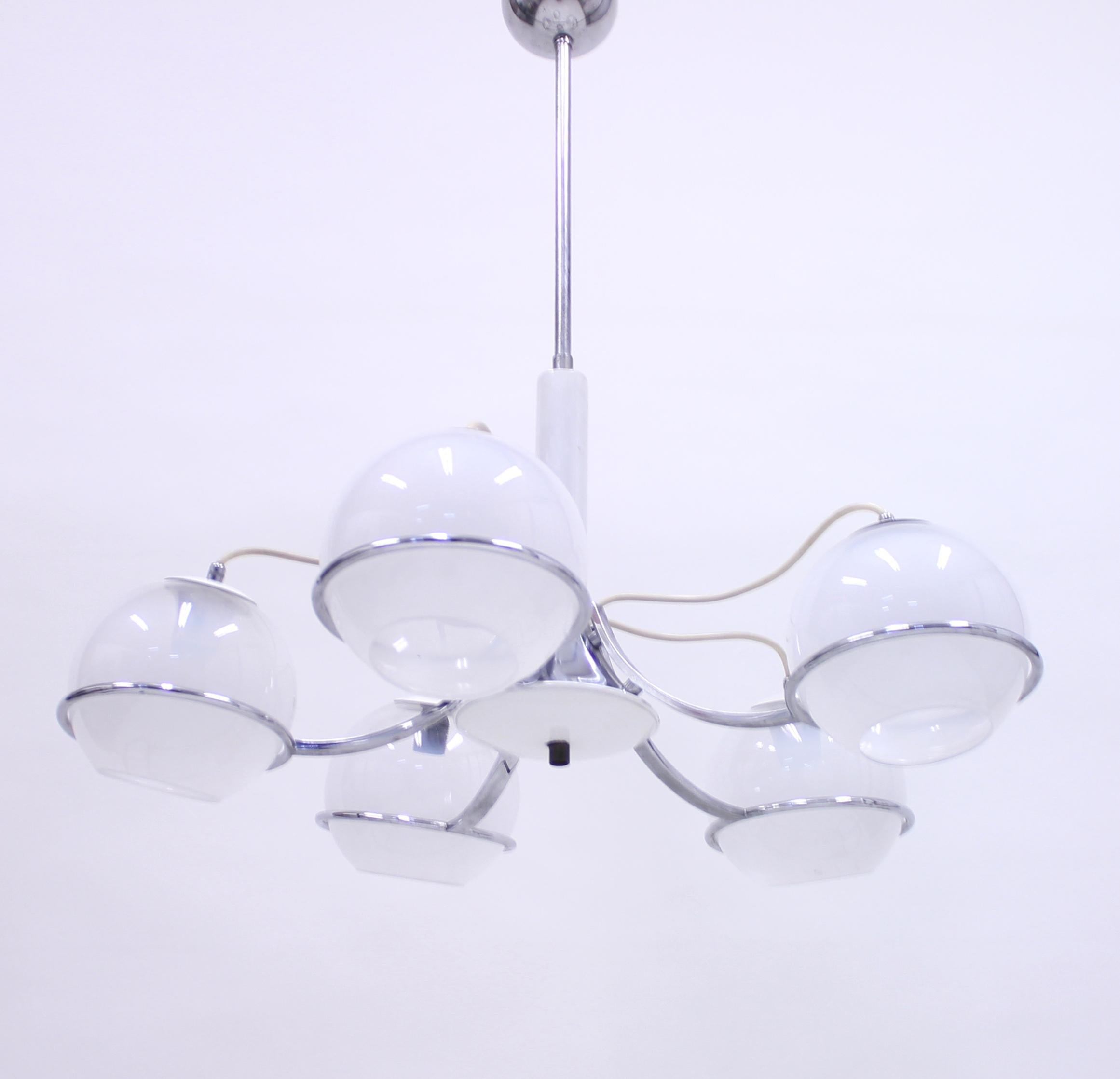 Five light ceiling light attributed to Gino Sarfatti, from the 1960s. Chrome frame with white opaline glass shades. Good vintage condition, ware consistent with age and use.
