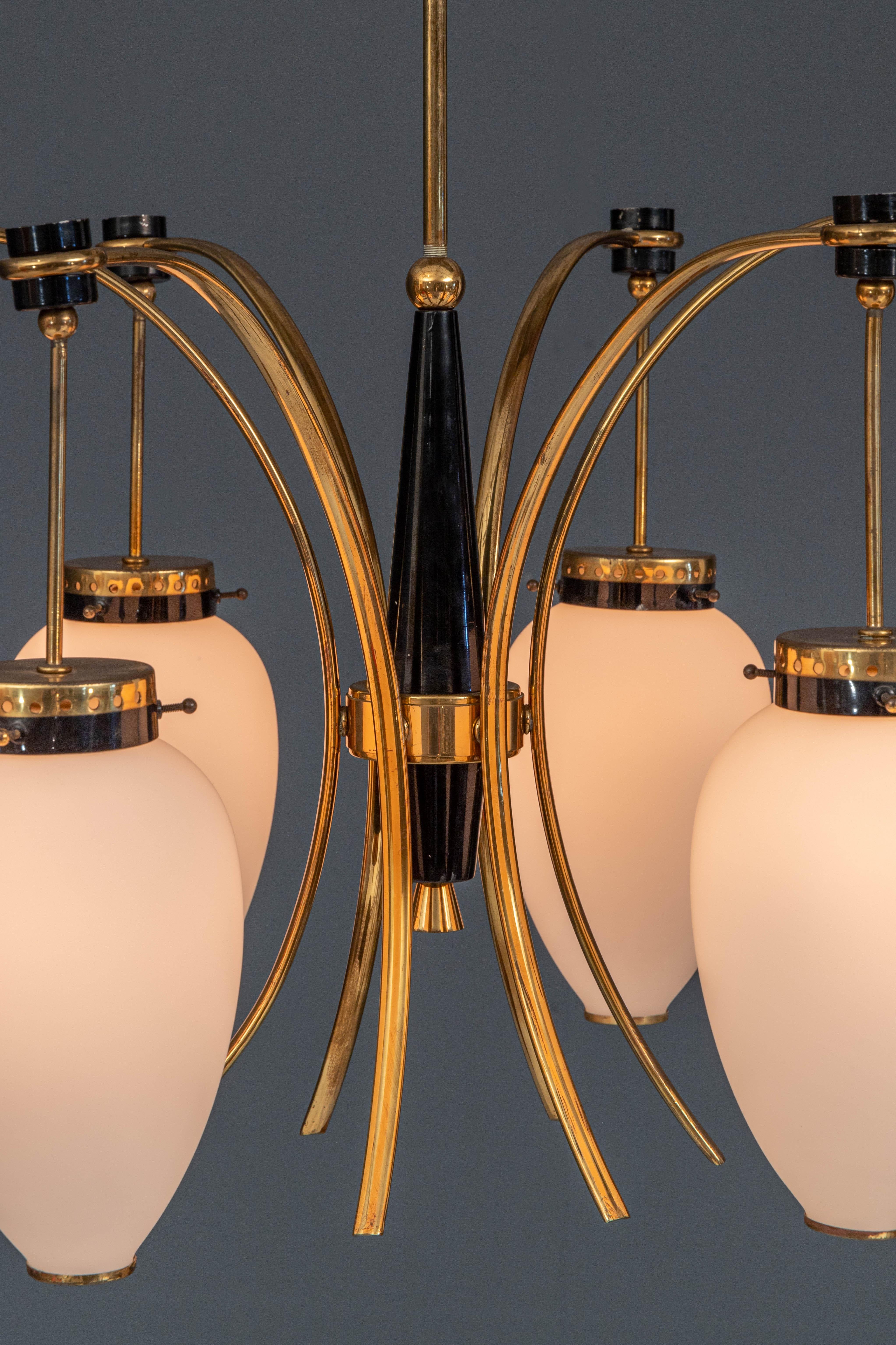 Italian Stilnovo Ceiling Lamp in Brass, Metal and Opaline Glass, Italy, 1960s