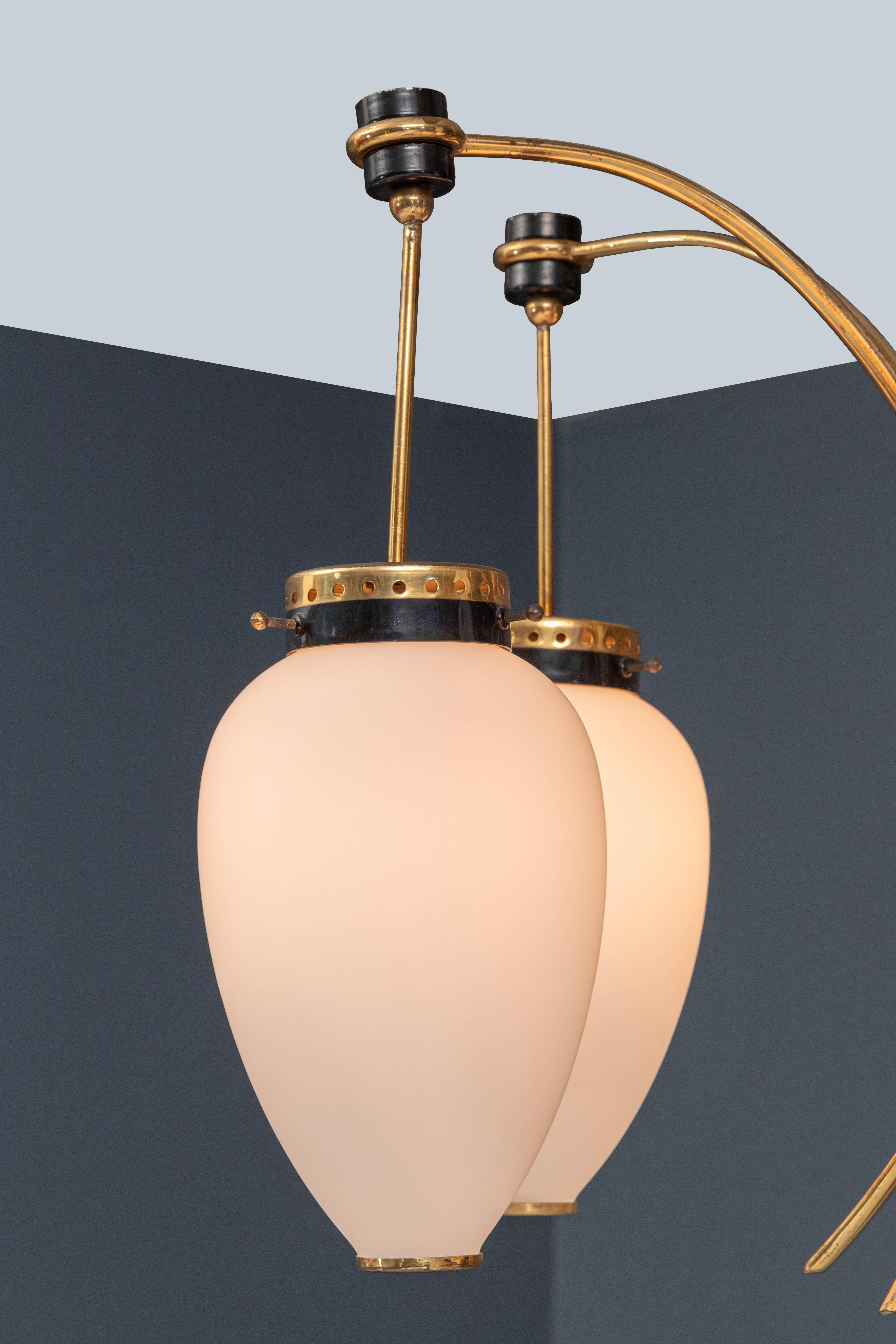 Mid-20th Century Stilnovo Ceiling Lamp in Brass, Metal and Opaline Glass, Italy, 1960s