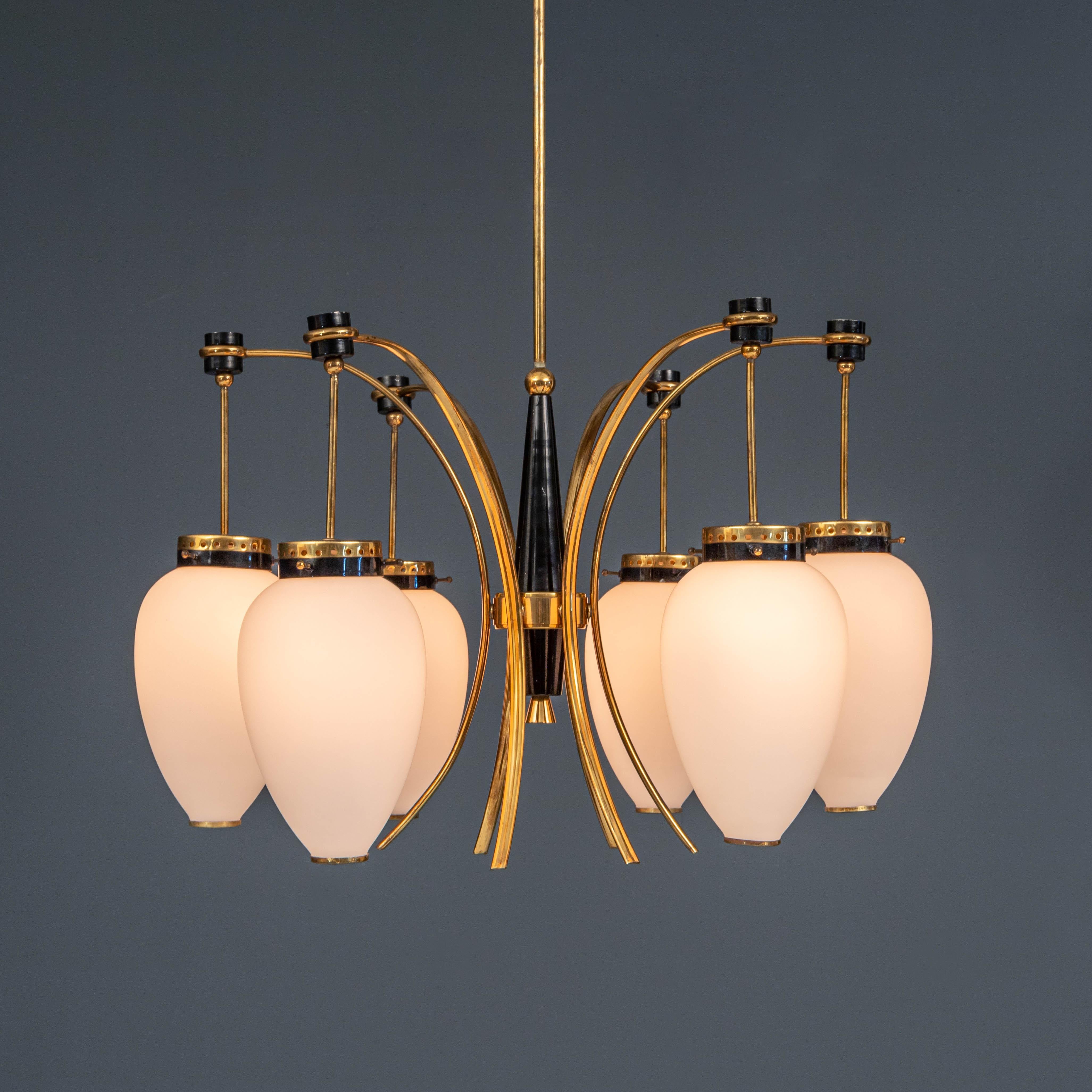 Stilnovo Ceiling Lamp in Brass, Metal and Opaline Glass, Italy, 1960s In Good Condition In Amsterdam, NL