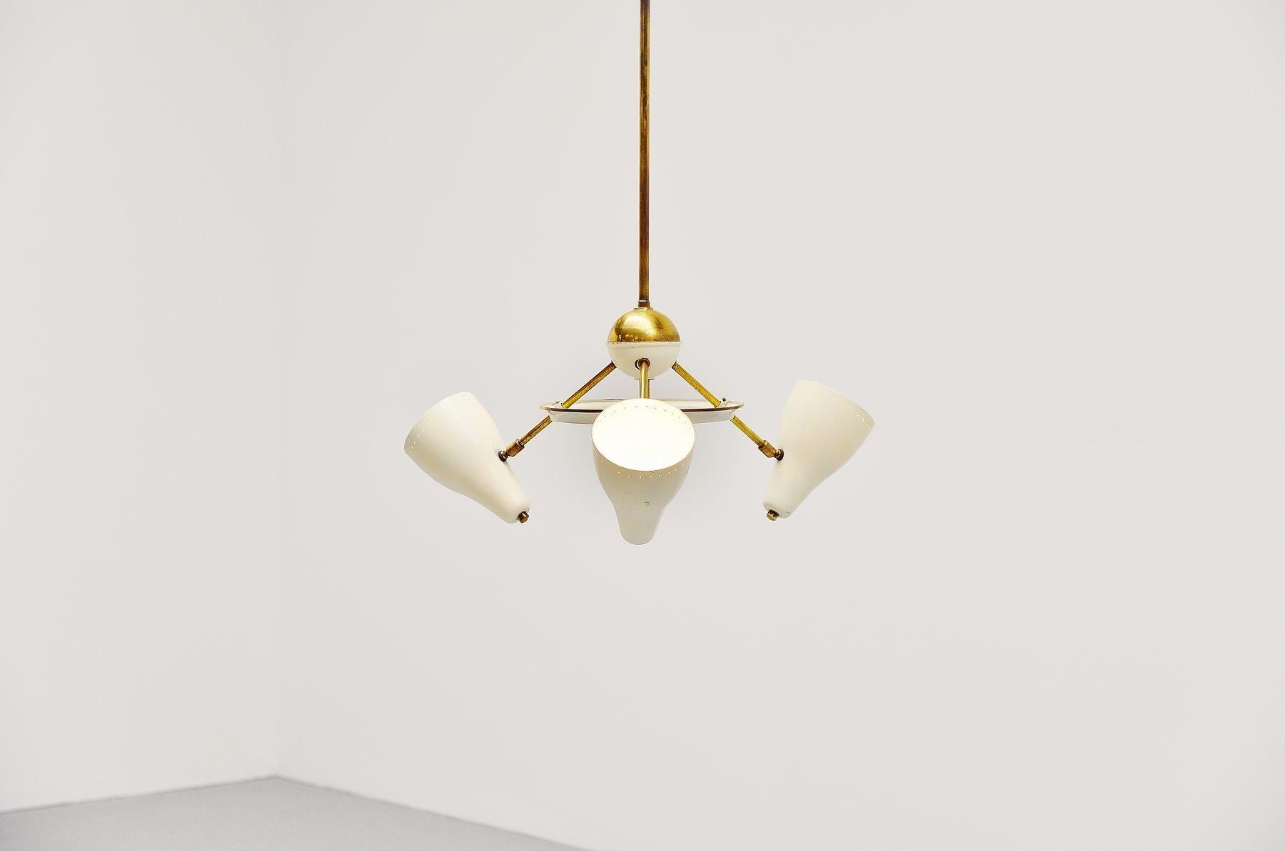Lacquered Italian Ceiling Lamp White and Brass Shades, 1950