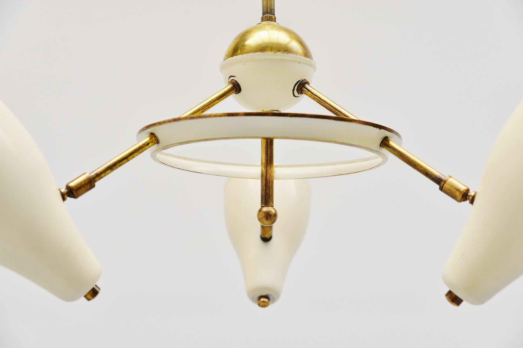 Mid-20th Century Italian Ceiling Lamp White and Brass Shades, 1950