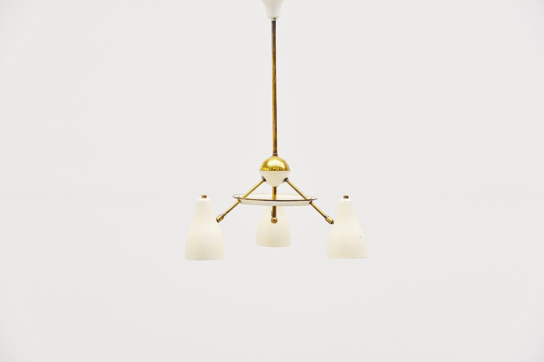 Metal Italian Ceiling Lamp White and Brass Shades, 1950