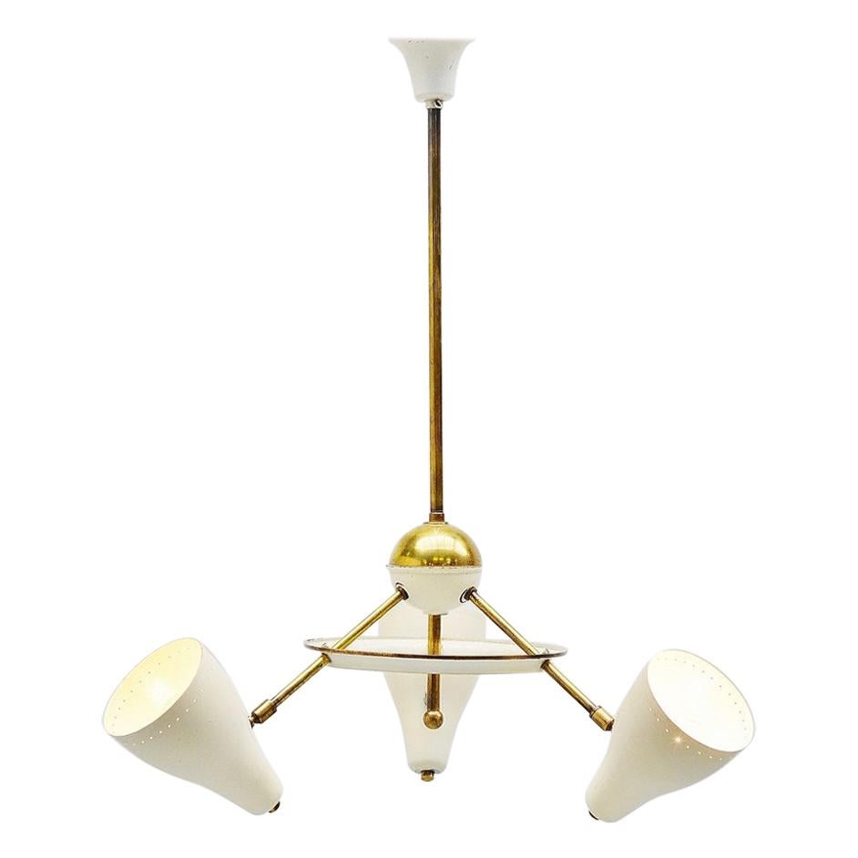 Italian Ceiling Lamp White and Brass Shades, 1950