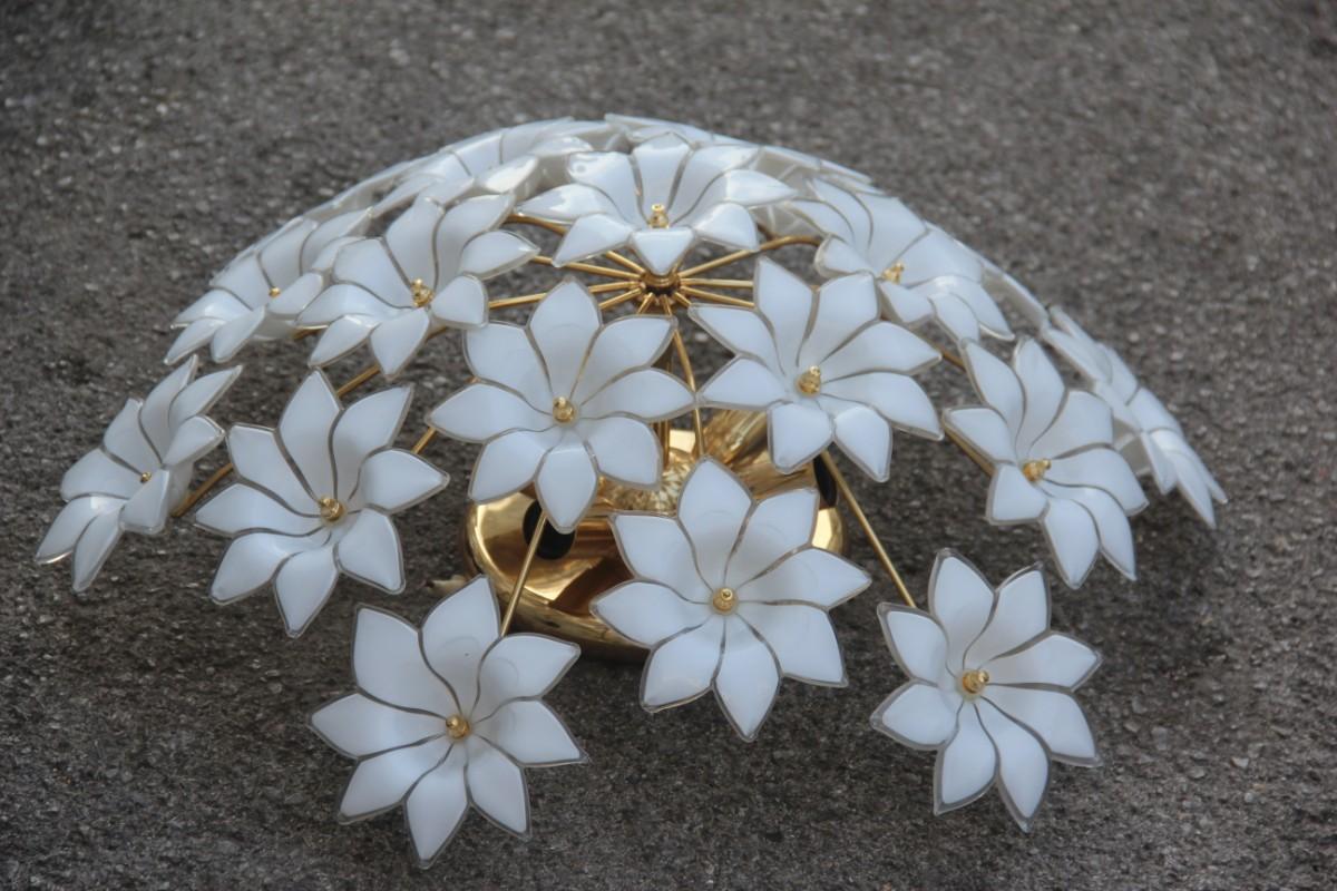Gold Plate Italian Ceiling Lamp White Flowers Murano Glass Gold-Plated, 1970s Franco Luce 
