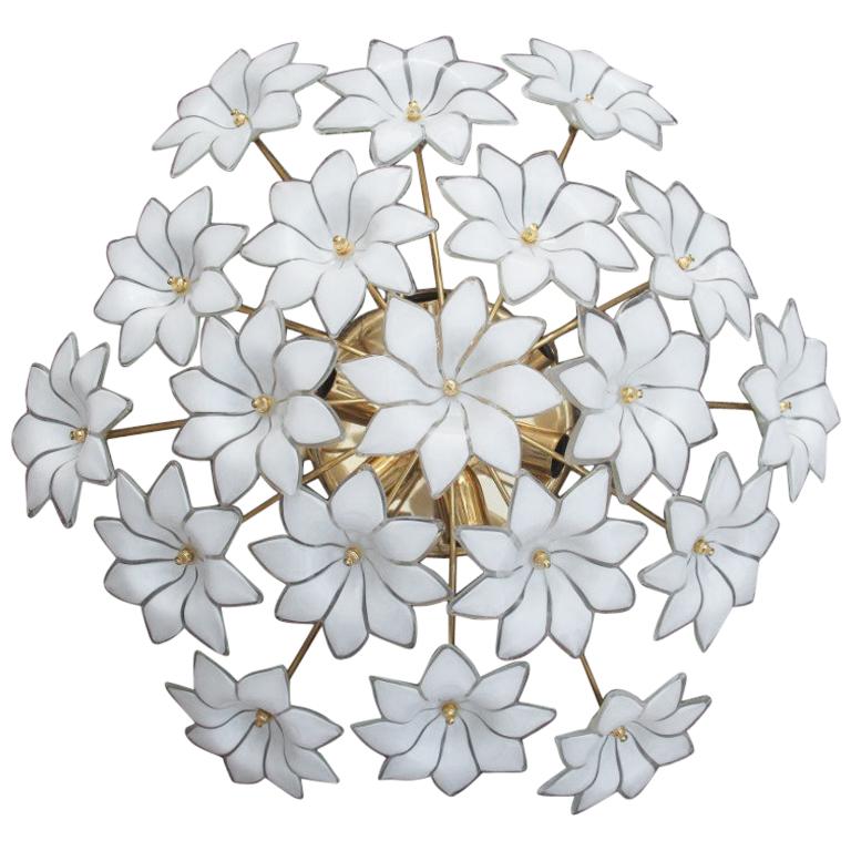 Italian Ceiling Lamp White Flowers Murano Glass Gold-Plated, 1970s Franco Luce 