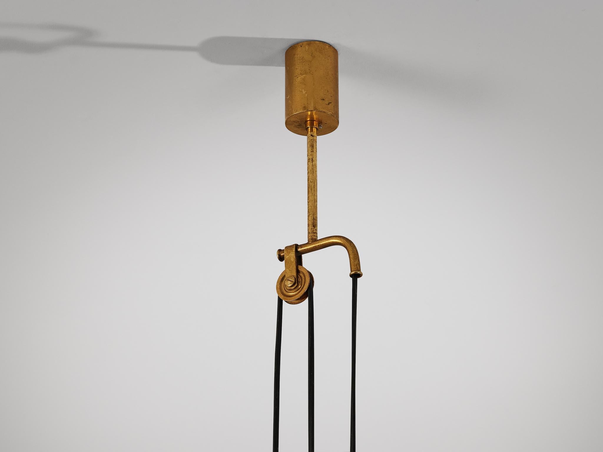 Mid-20th Century Italian Ceiling Light with Counterweight in Copper and Satin Glass