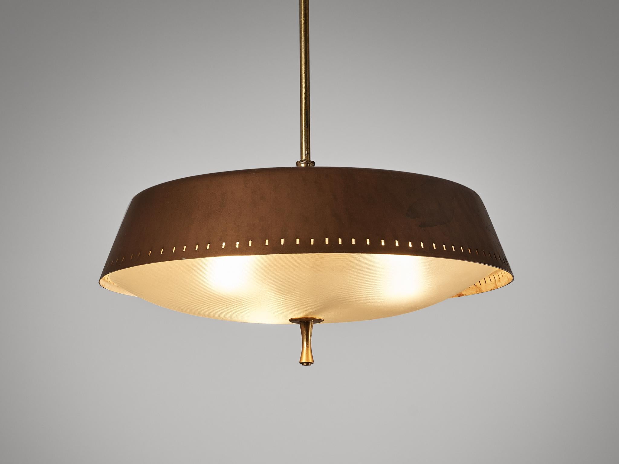 Brass Italian Ceiling Light with Counterweight in Copper and Satin Glass